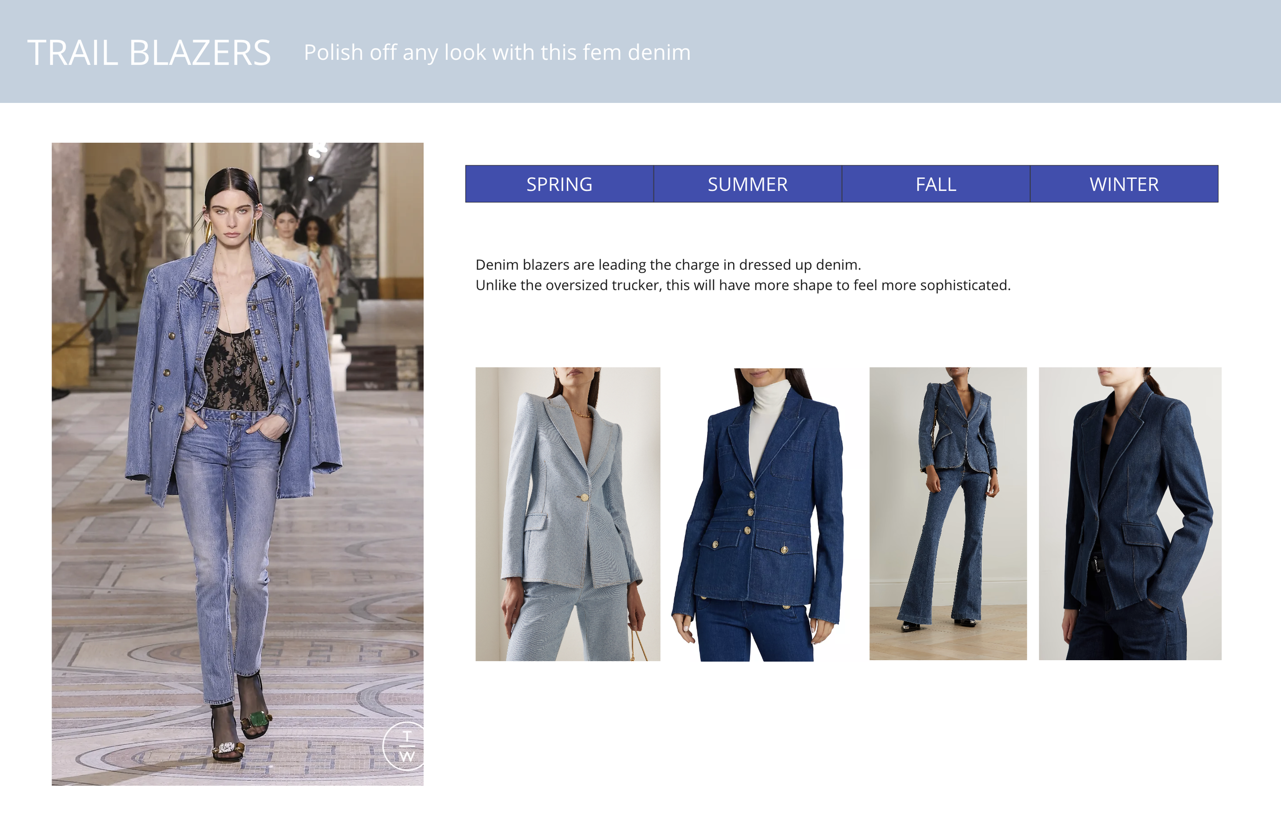 A fashion runway with a model wearing a denim blazer, jeans, and a black lace top, with other models in denim outfits in the background. Part of a promotional webpage for denim blazers.
