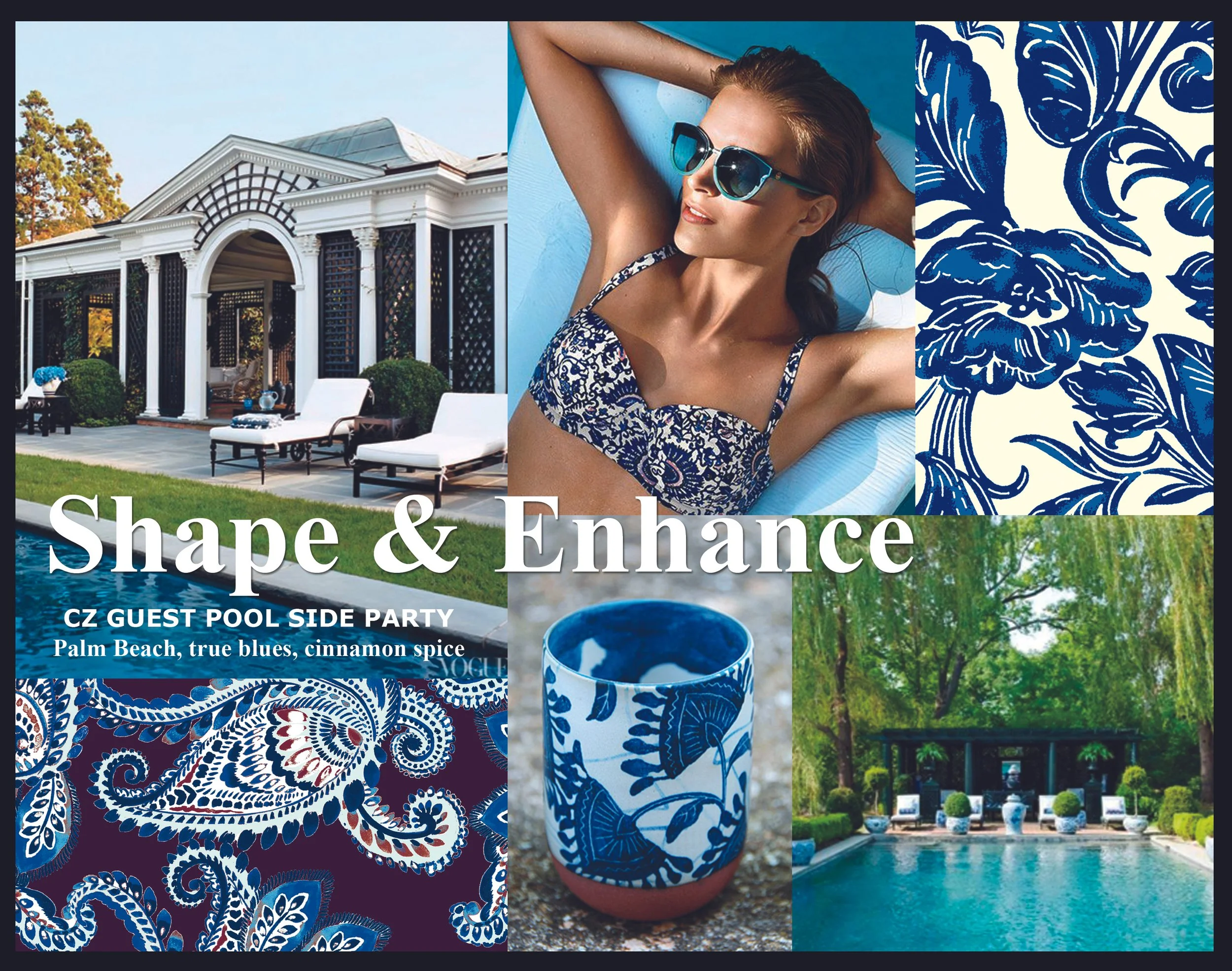 Collage of images featuring a southern-style house exterior, a woman lounging in a swimsuit and sunglasses, a blue and white floral patterned mug, a poolside area with chairs and umbrellas, a close-up of blue and white floral textile, and a pool surr