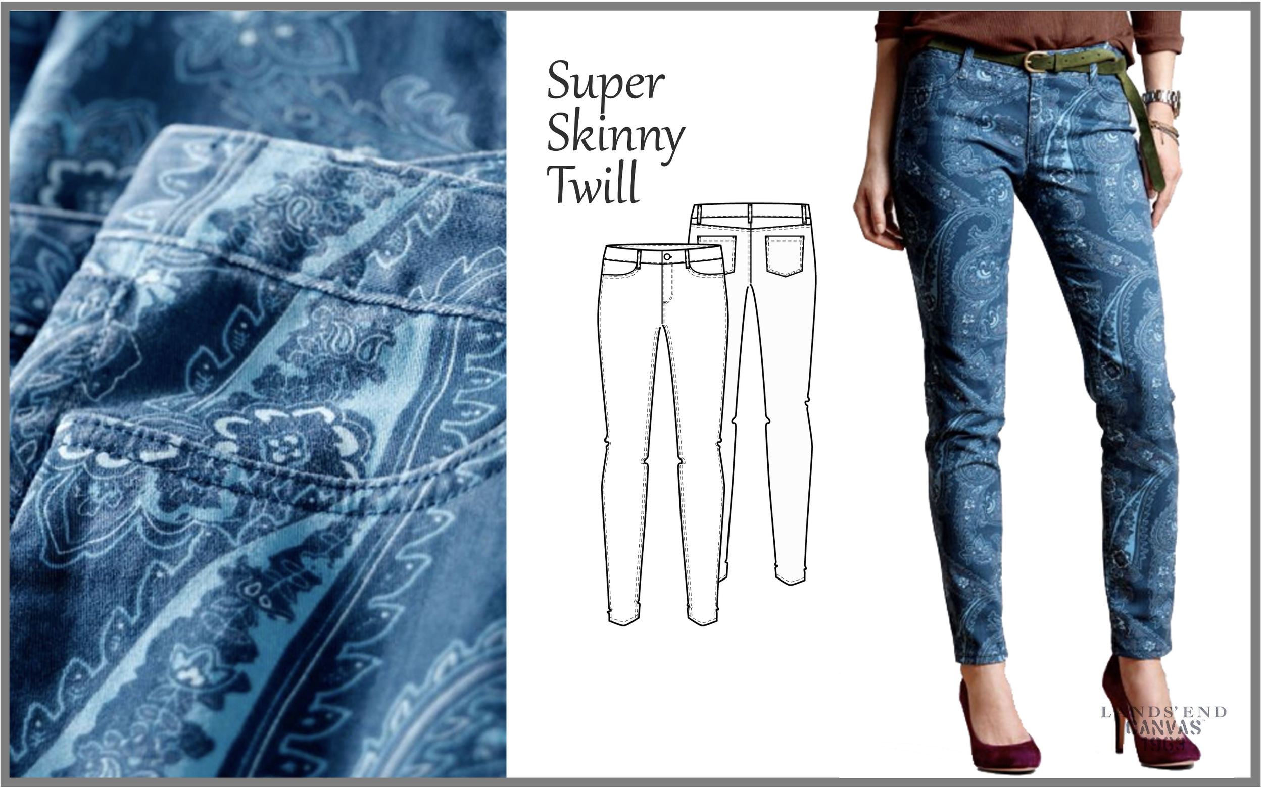 Close-up of a pair of blue paisley patterned skinny jeans, showing detailed fabric design, with a front and back view sketch of the jeans labeled "Super Skinny Twill" in the middle, and a woman modeling the jeans on the right side.