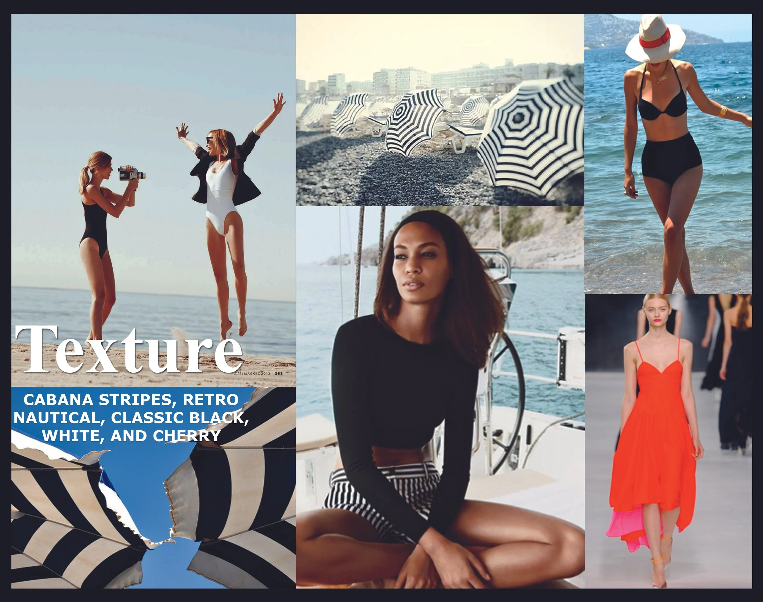 Collage of women in fashionable clothing and swimwear at beach and marina, with striped umbrellas and a runway show, featuring models in swimsuits and dresses.