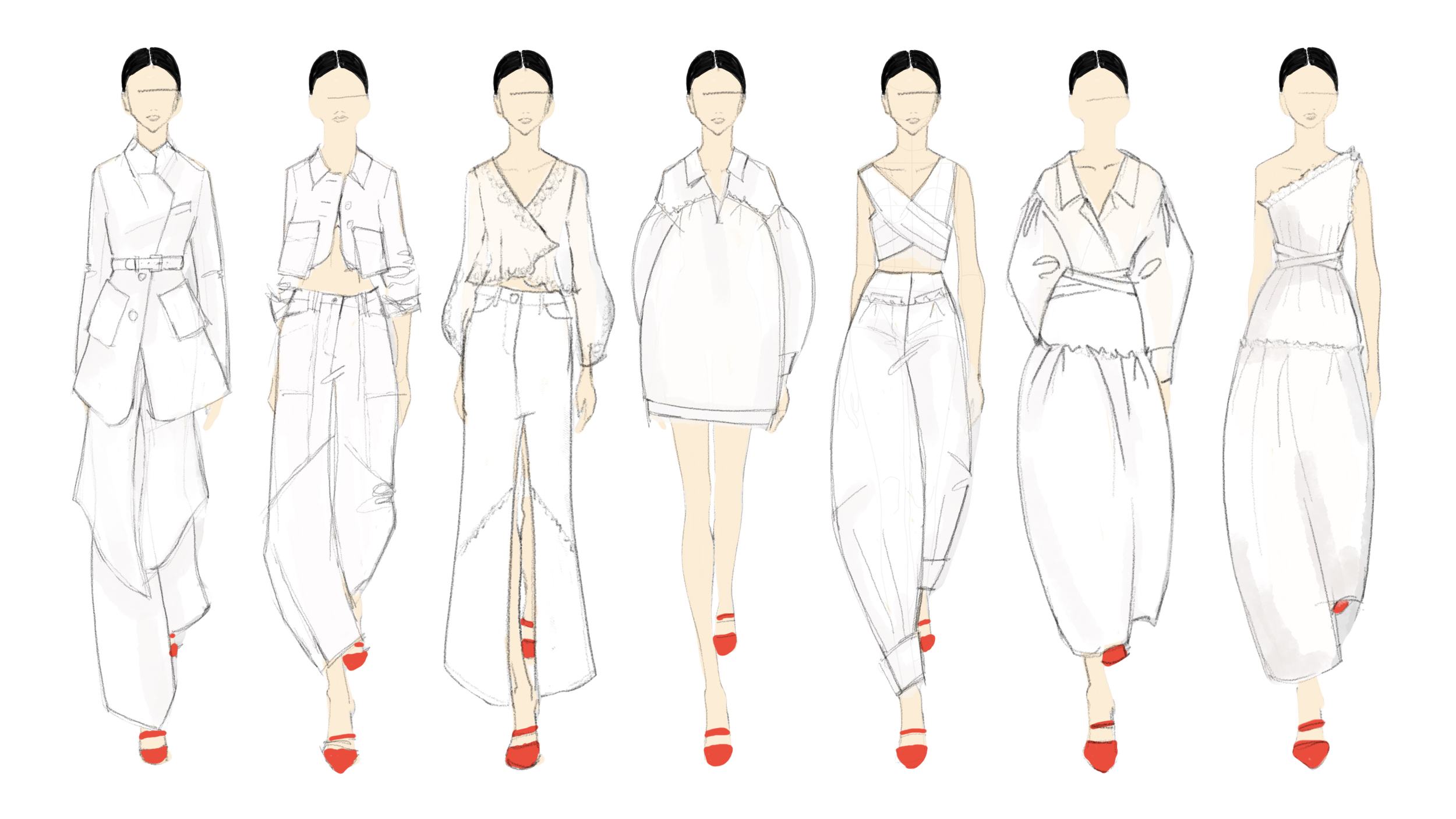 Fashion sketches of seven women in various white outfits, some with red shoes, against a black background.