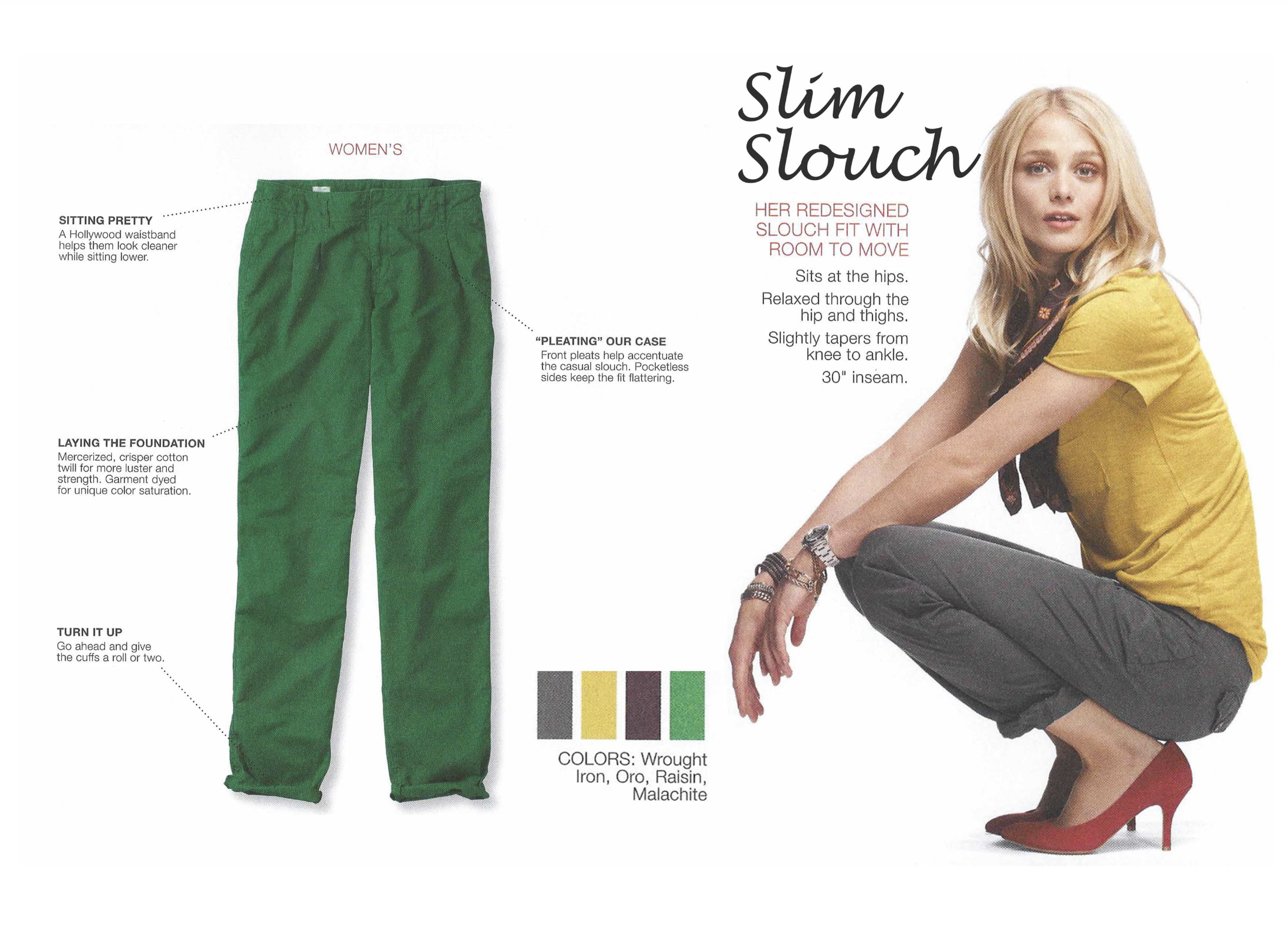 Advertisement for slim slouch women's pants in green, featuring a model in a yellow top, grey pants, and red high heels, with descriptions of the pants' fit and fabric details.