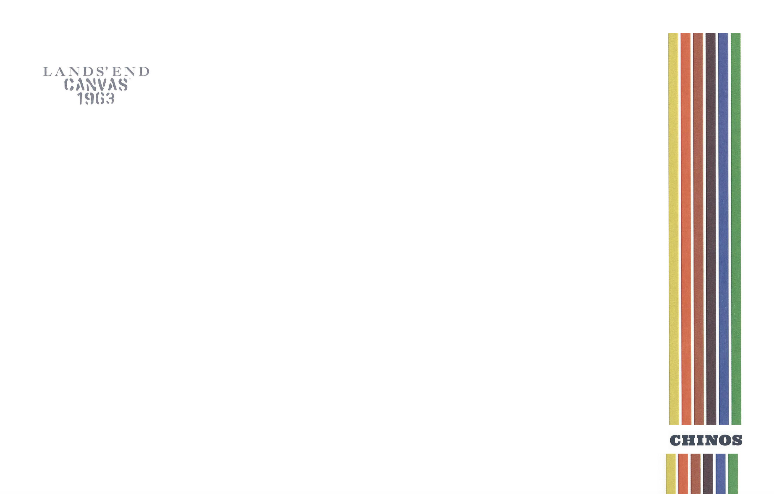 A blank white canvas with the numbers '1963' and the text 'LANDS' END CANVAS' in the top left corner, and the word 'CHINOS' in bold at the bottom right, with multicolored stripes along the right and bottom edges.