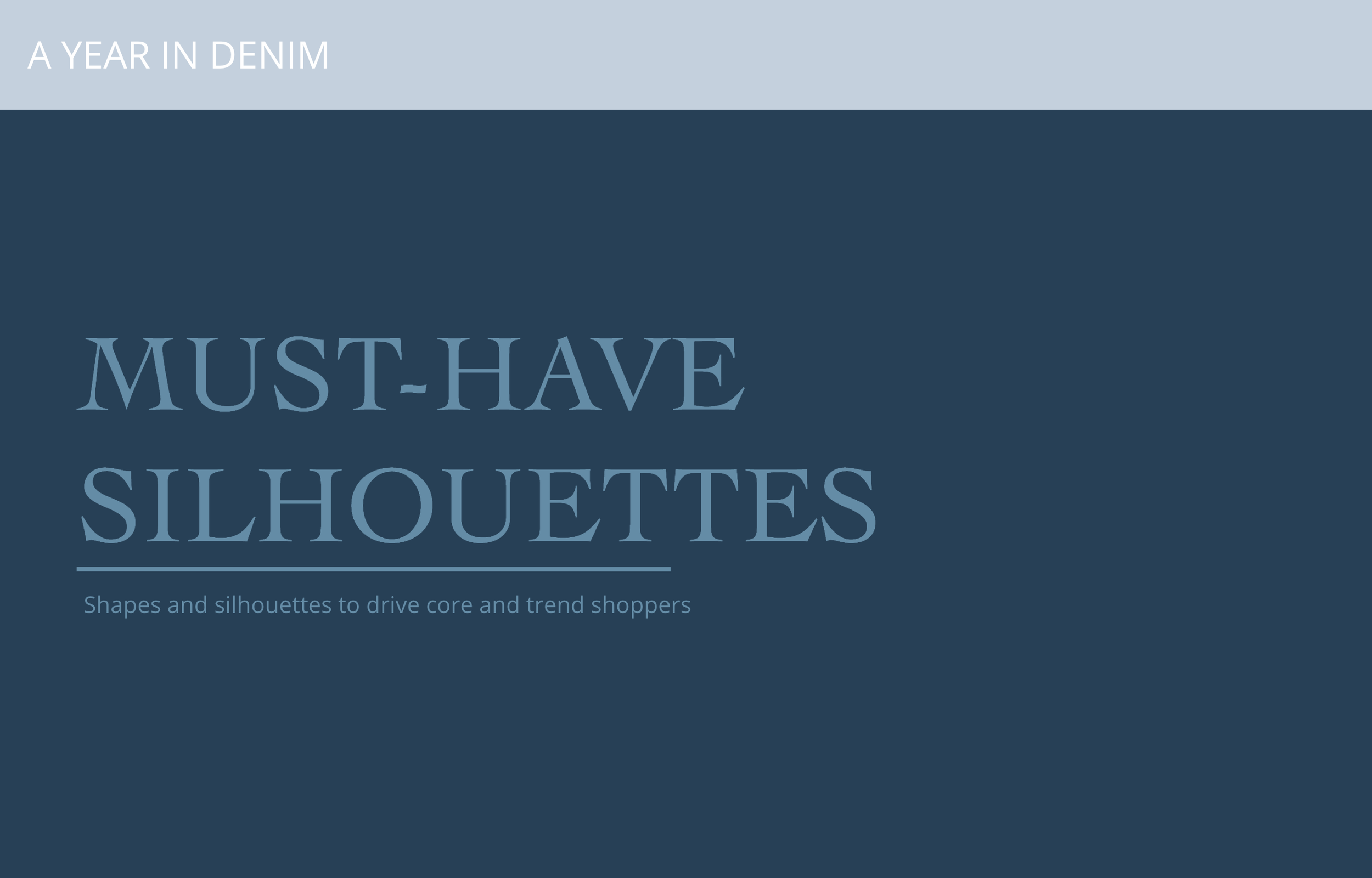 Title slide of a presentation called 'A Year in Denim' with the subtitle 'Shapes and silhouettes to drive core and trend shoppers' in blue tones.