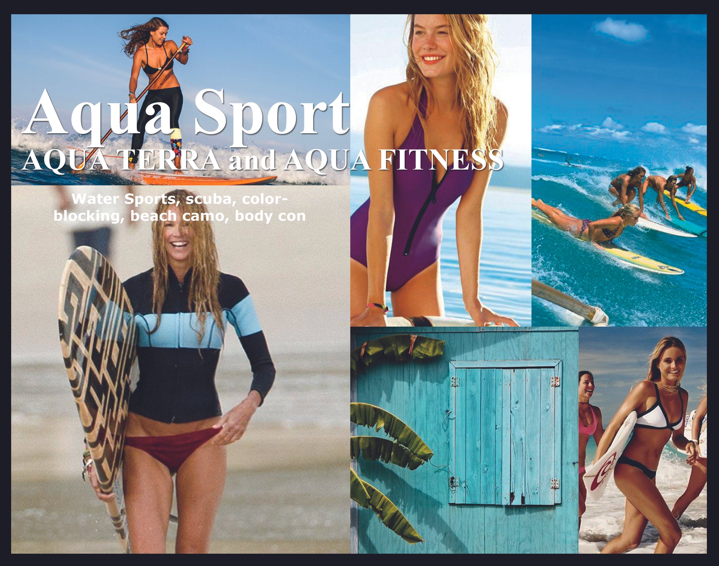 Collage of women engaging in water sports including surfing, paddleboarding, and beach activities, with a wooden beach hut, and text promoting aqua sport, aqua terra, aqua fitness, water sports, scuba, beach camouflage, and bodycon clothing.