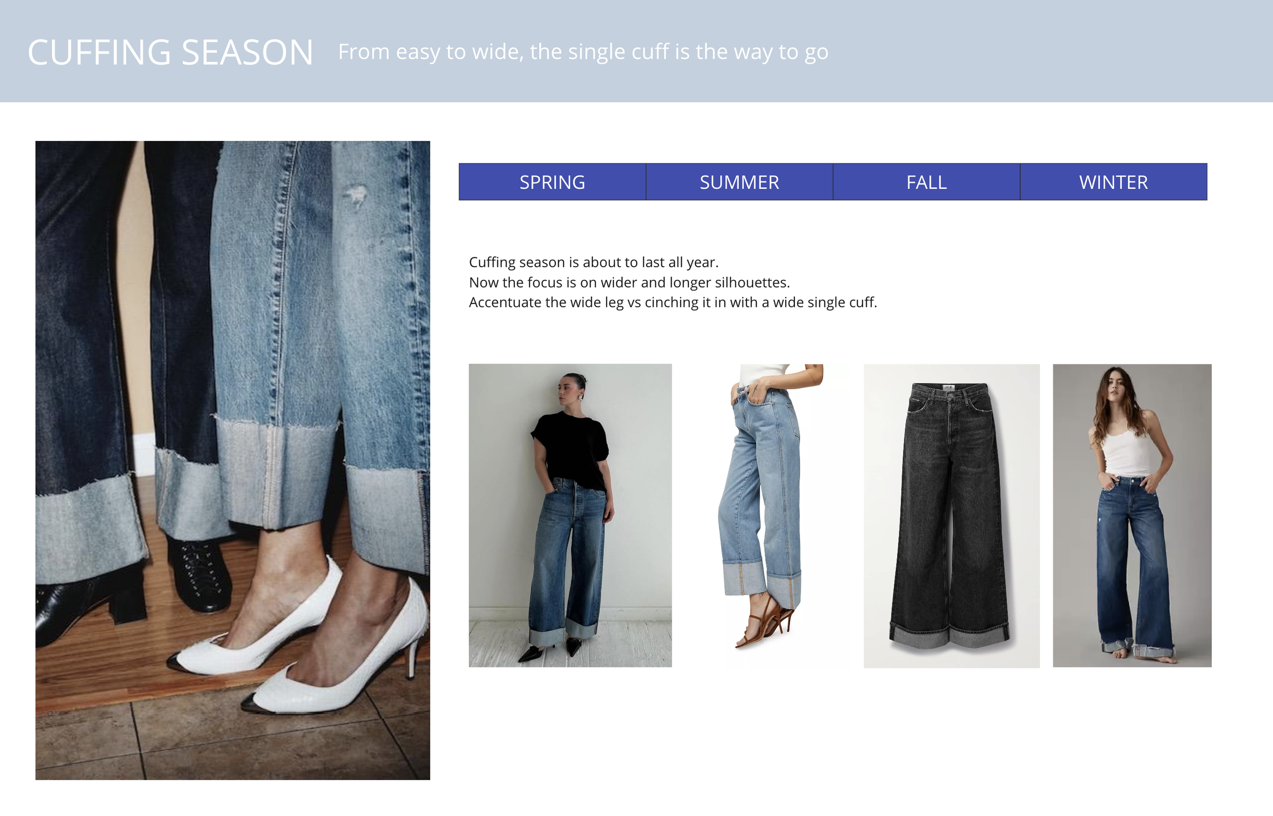Display of women's wide-leg jeans for different seasons, with a focus on cuffing style, featuring models wearing wide jeans with cuffs and high heels, in a clothing catalog layout.