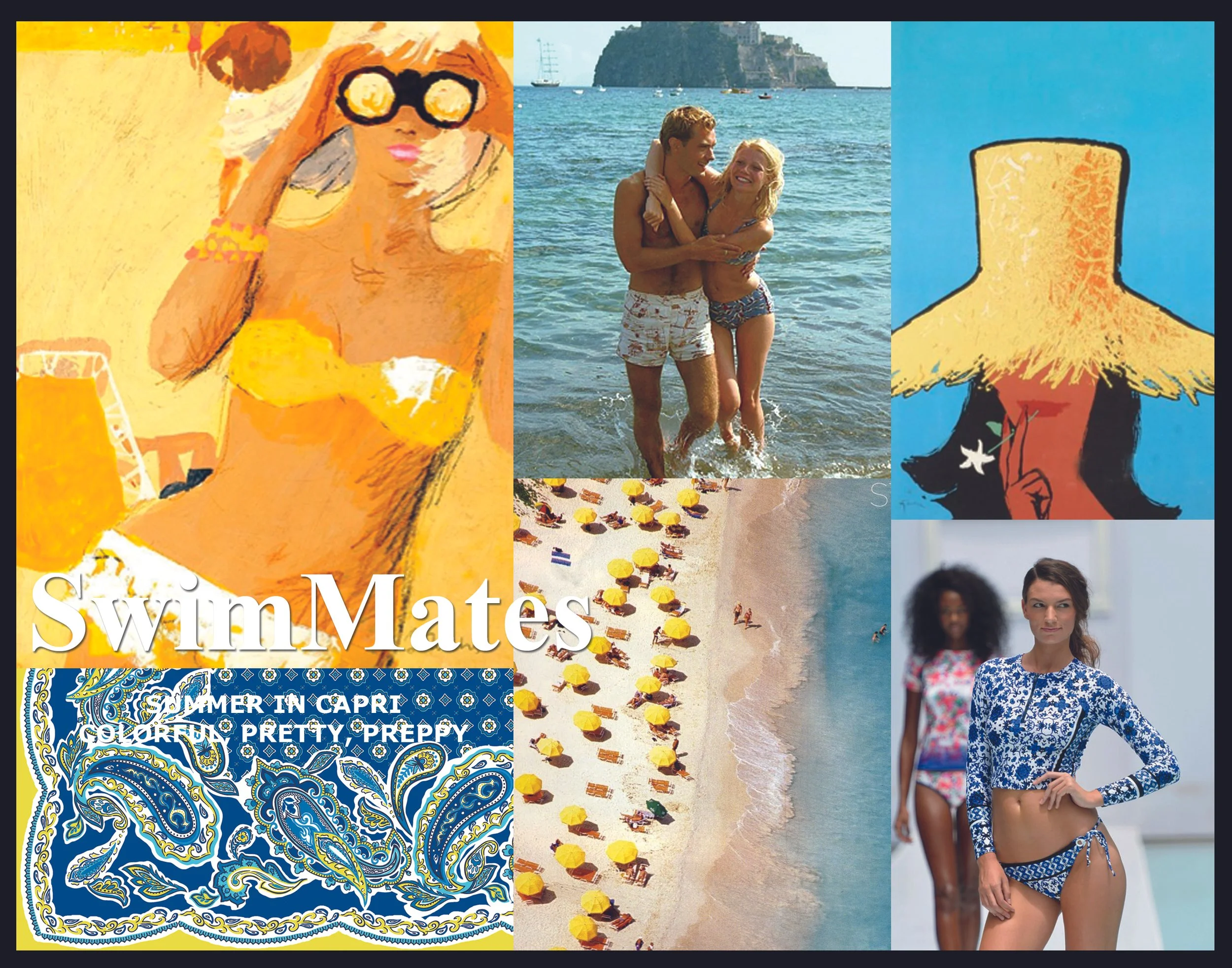 A collage of images featuring swimwear and beach scenes, including illustrated women in swimwear, a couple at the beach, an aerial view of beach umbrellas and shoreline, fashionable swimwear models, and tropical-themed designs, with the text "Swim Ma