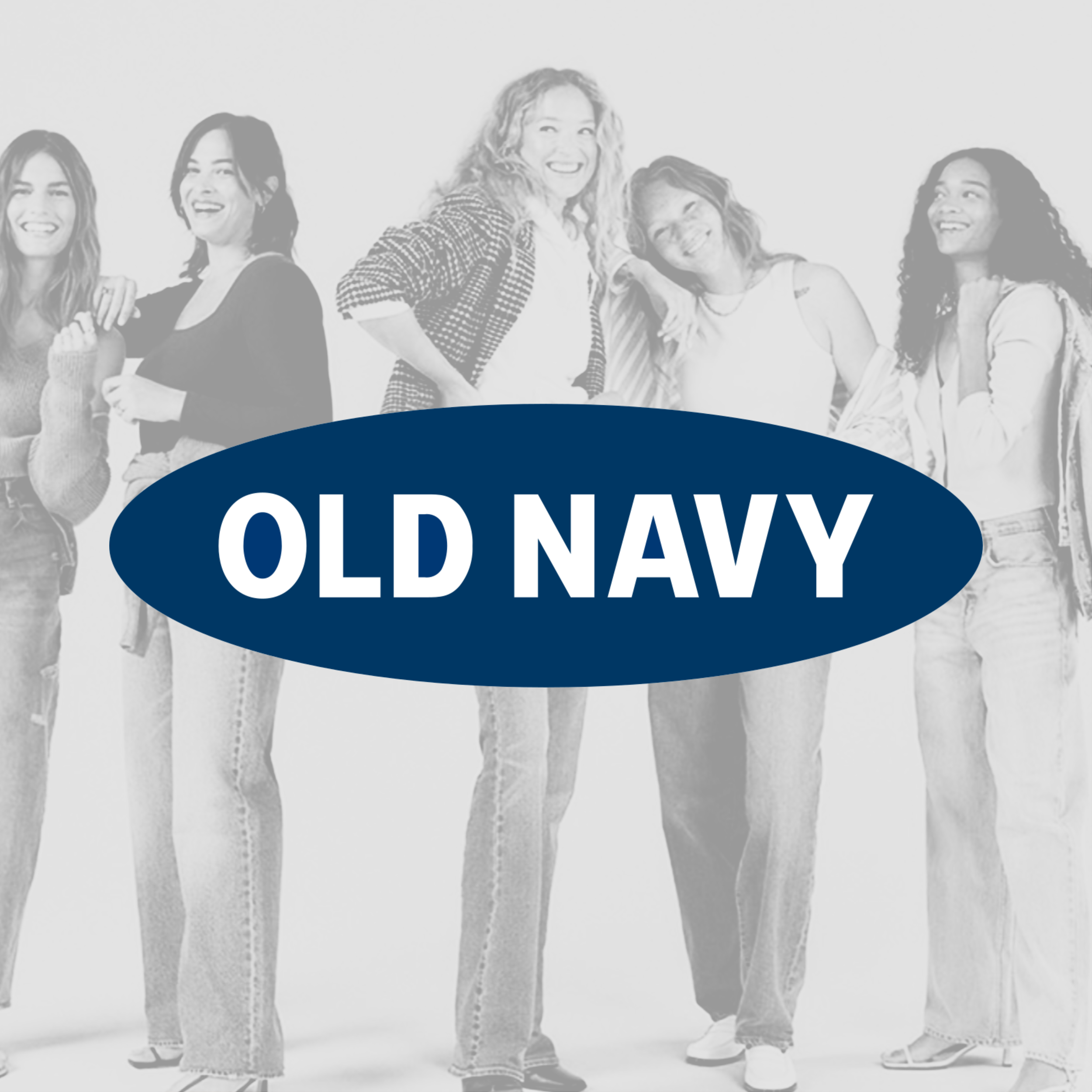 Group of five women standing together, smiling, with a blue Old Navy logo in the foreground.