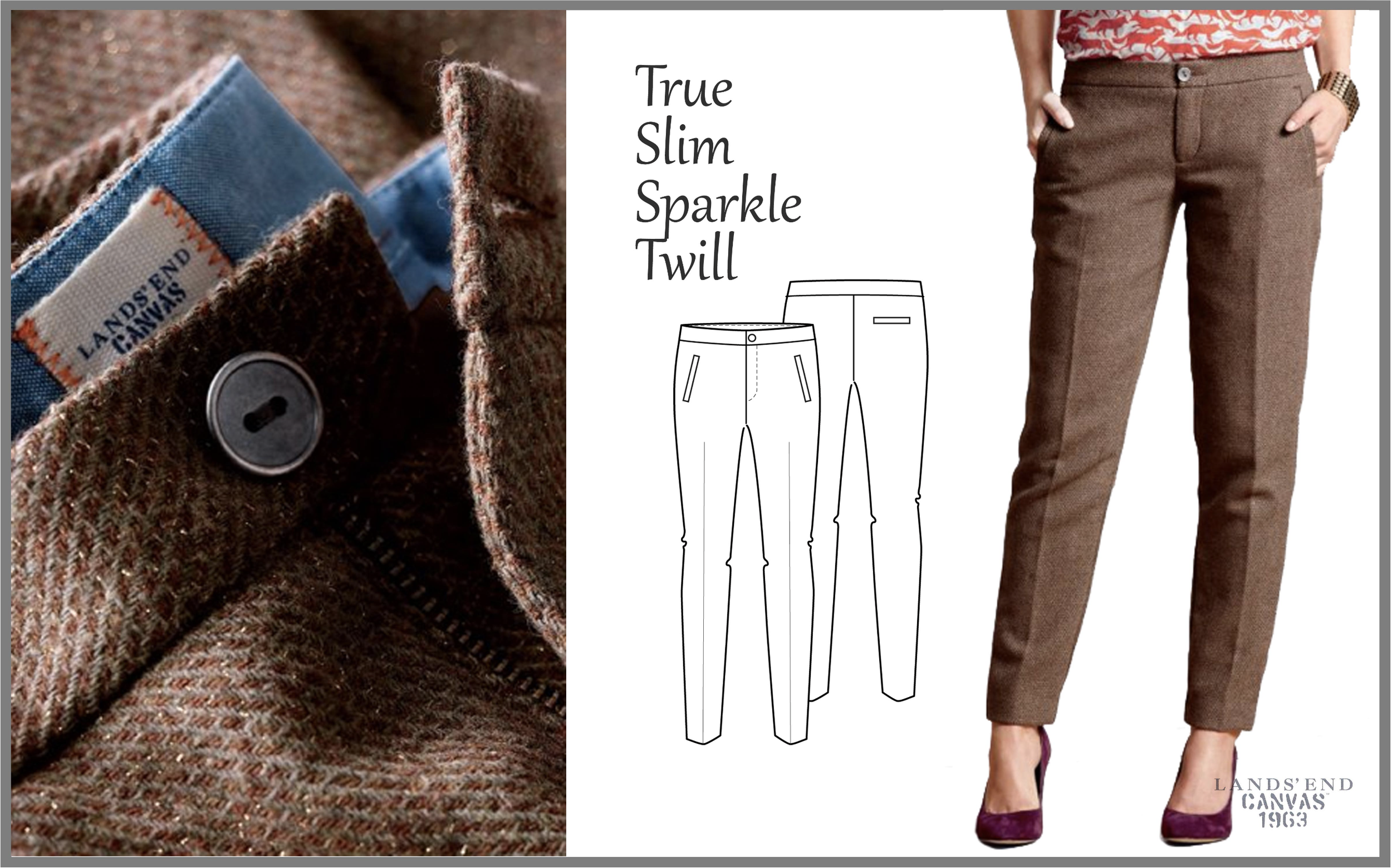 Close-up of a brown plaid wool coat with a button, a lined label reading 'Land's End Canvas,' and a sewing pattern sketch of slim, sparkly twill pants. The right side shows a woman wearing brown slim-fit pants with front pockets, a patterned red top, and purple heels.