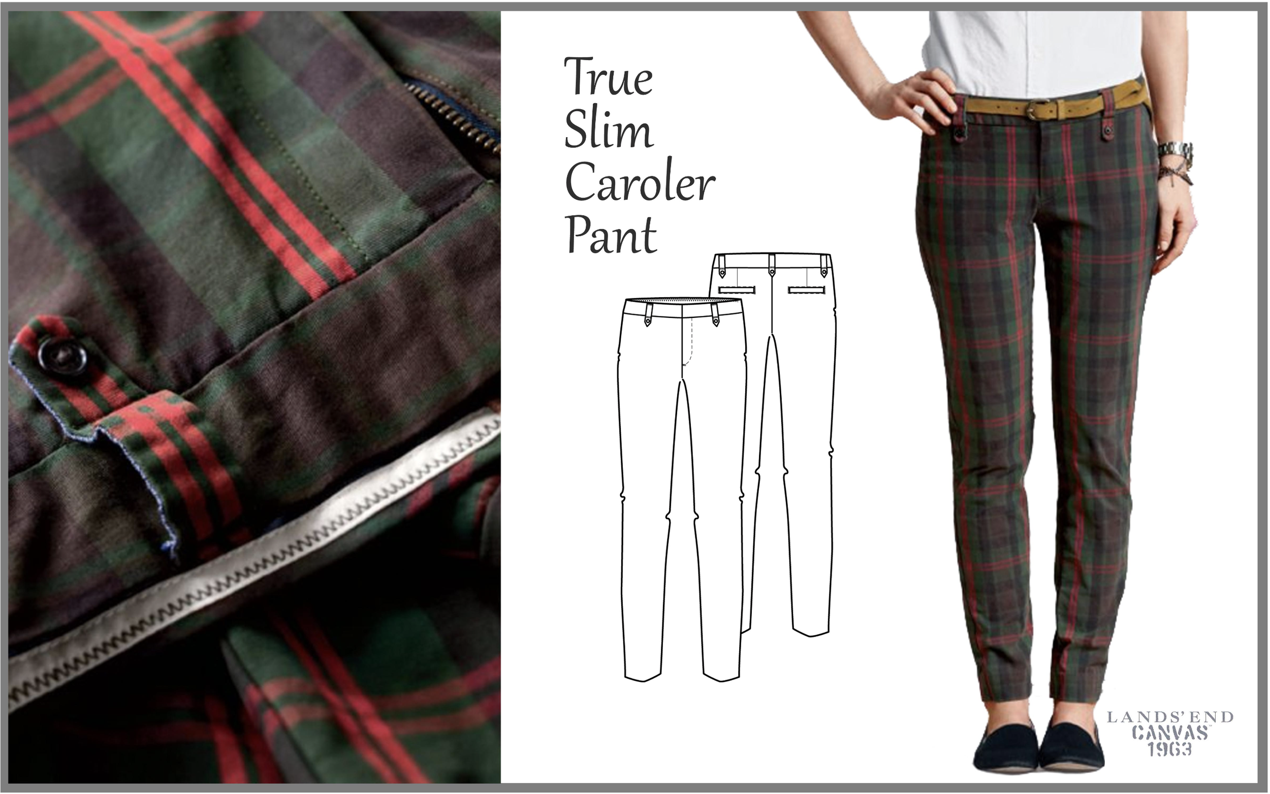 Close-up of a plaid patterned pair of pants with a zipper, showing dark green, red, and black colors. On the right, a person is wearing the same plaid pants with a beige belt, and an illustration of the pants' technical line drawing with the text "True Slim Carler Pant."