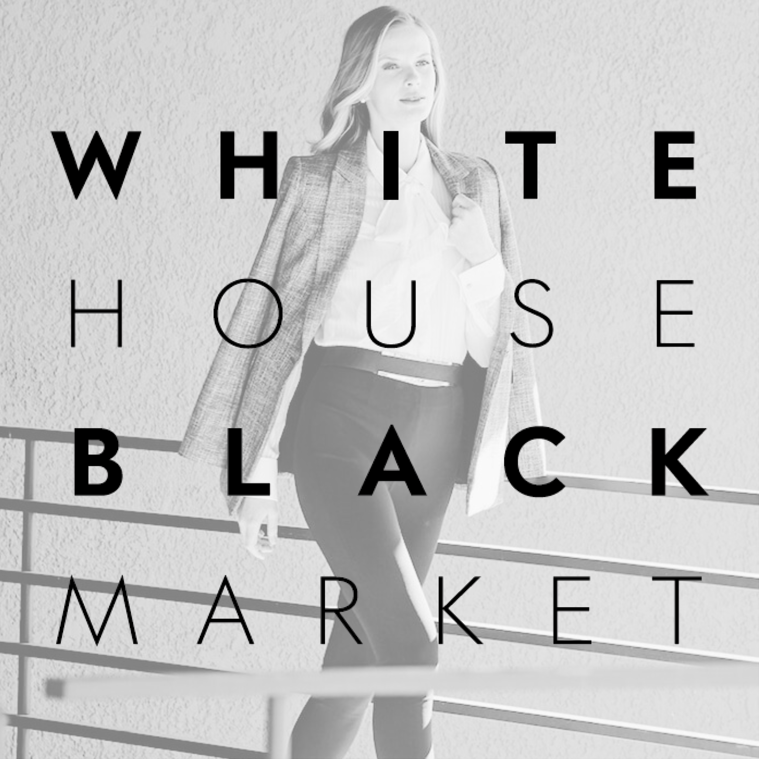 Black and white photo of a woman in business attire leaning on a railing, with the text 'White House Black Market' overlaid.