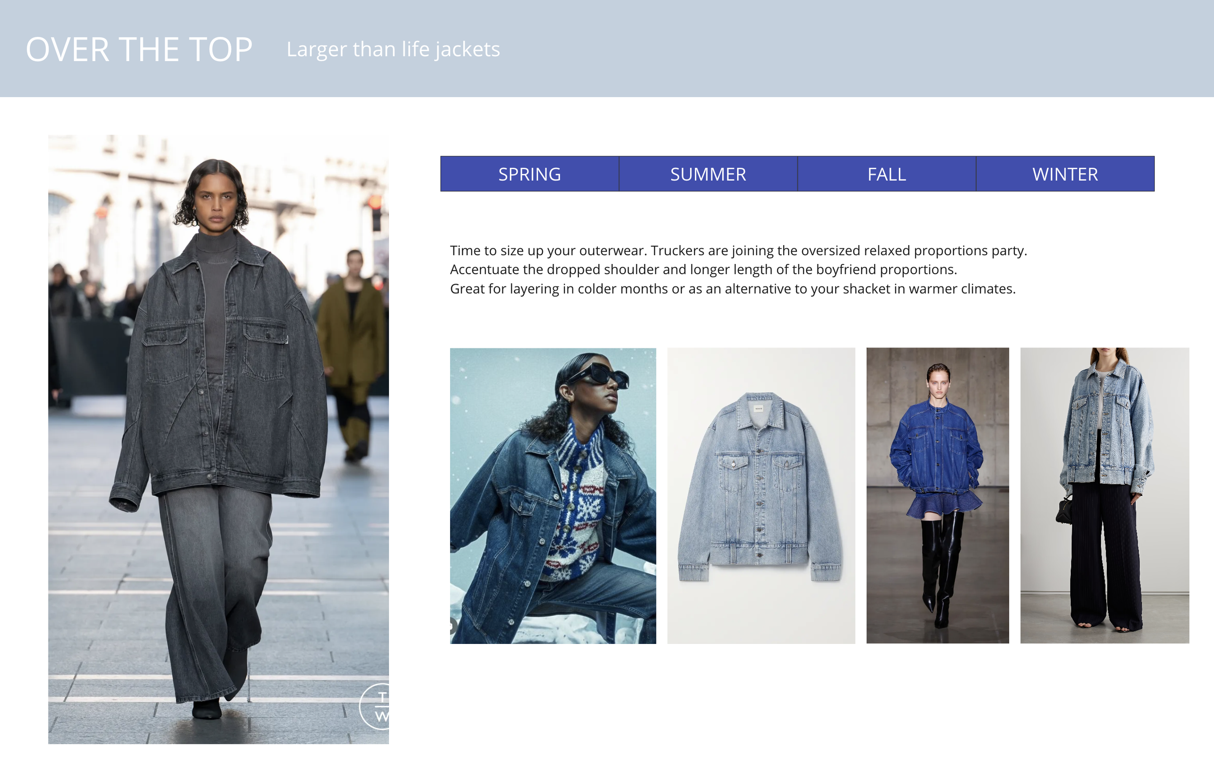 Fashion catalog page featuring oversized denim jackets and jeans, with seasonal categories listed as spring, summer, fall, and winter.