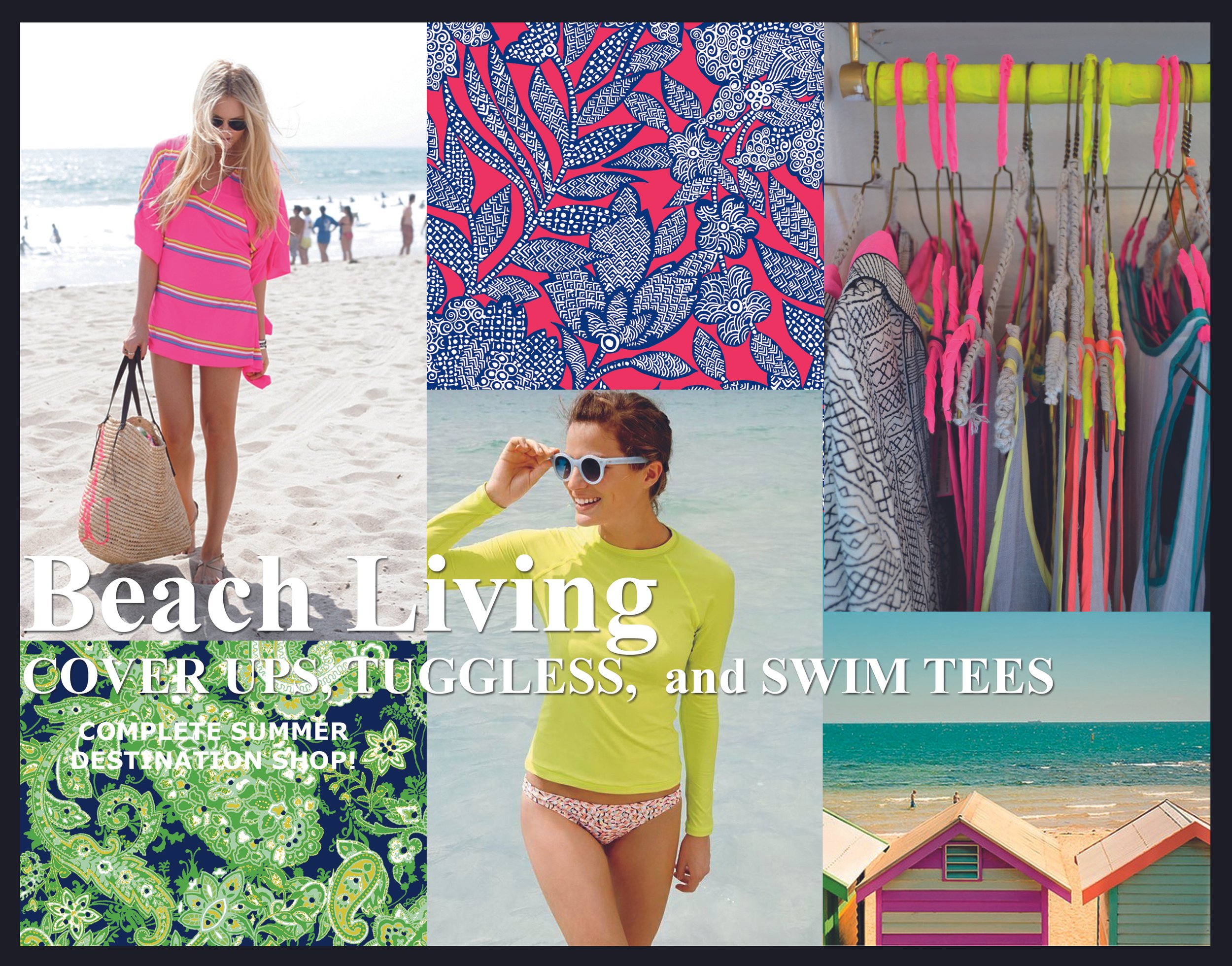 Collage of beach-themed clothing and scenery, including a woman in a pink striped cover-up with a large beach bag, a woman in sunglasses and a yellow long-sleeve top in the ocean, a colorful floral pattern, a display of swim tees on a rack, and beach