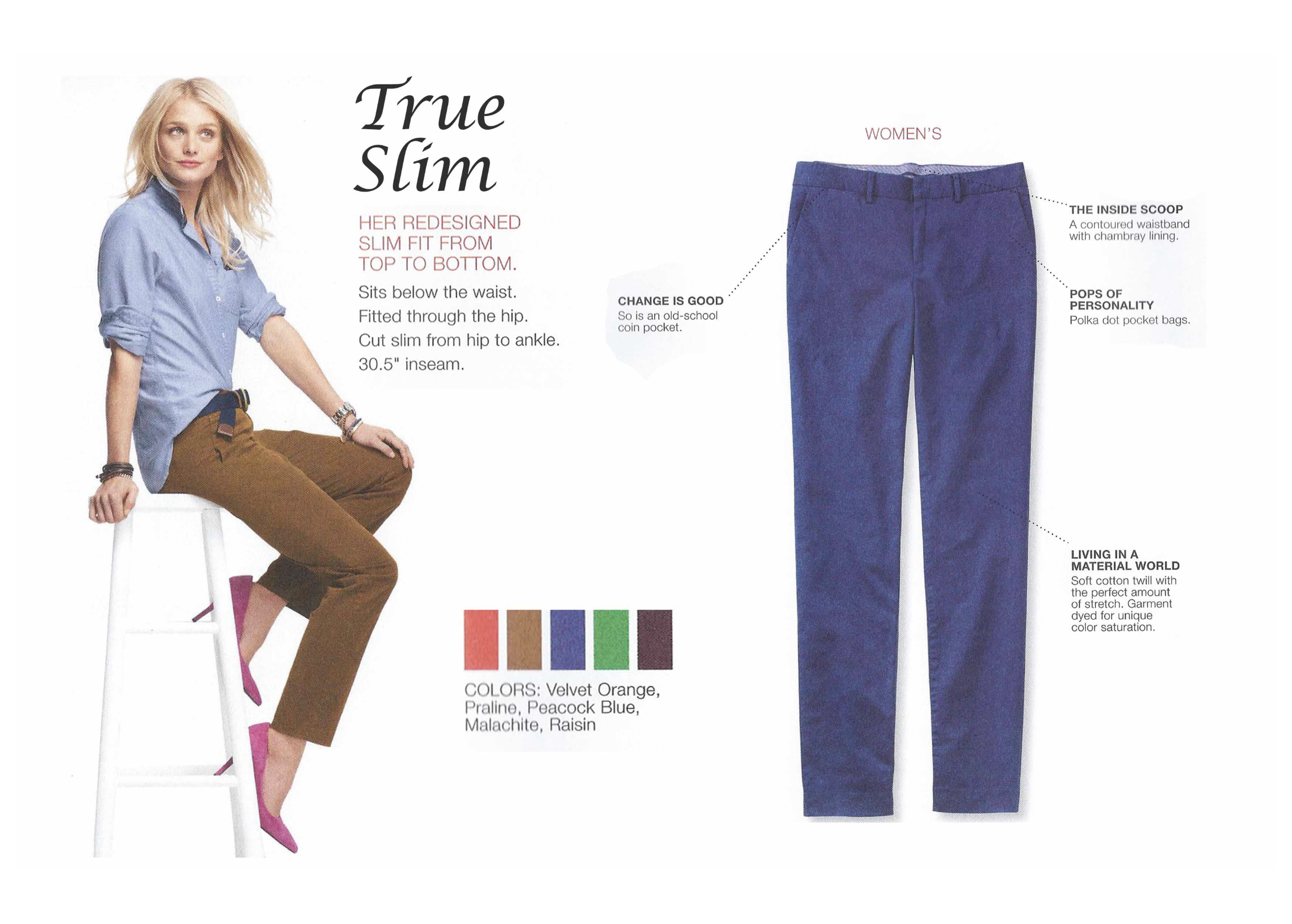Advertisement showcasing a pair of women's slim fit pants called True Slim, with details about the fit and color options, alongside a woman wearing a blue shirt and brown pants sitting on a stool.