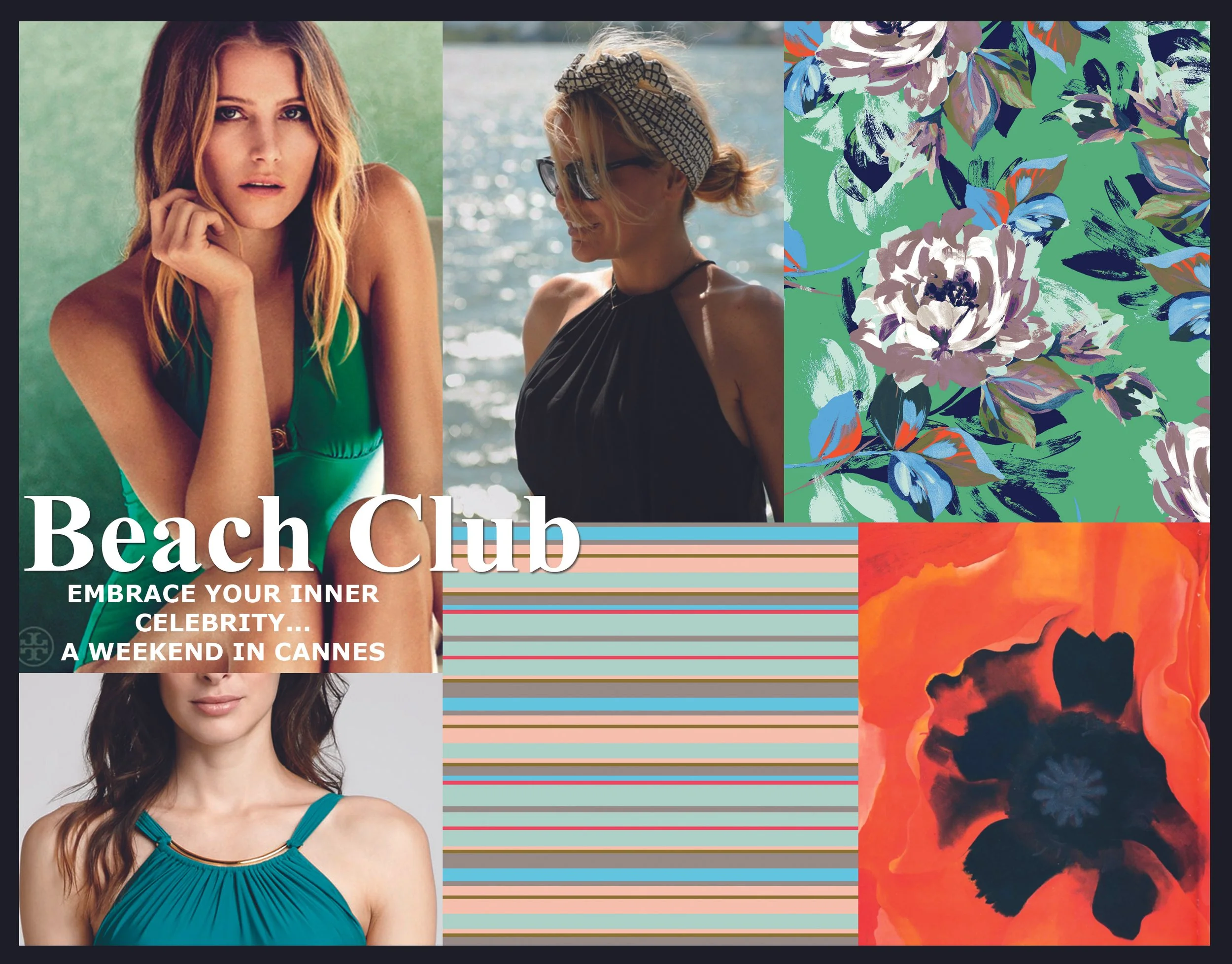 Collage featuring three women in summer outfits, floral and abstract patterns, and striped background, with text promoting a beach club event in Cannes.