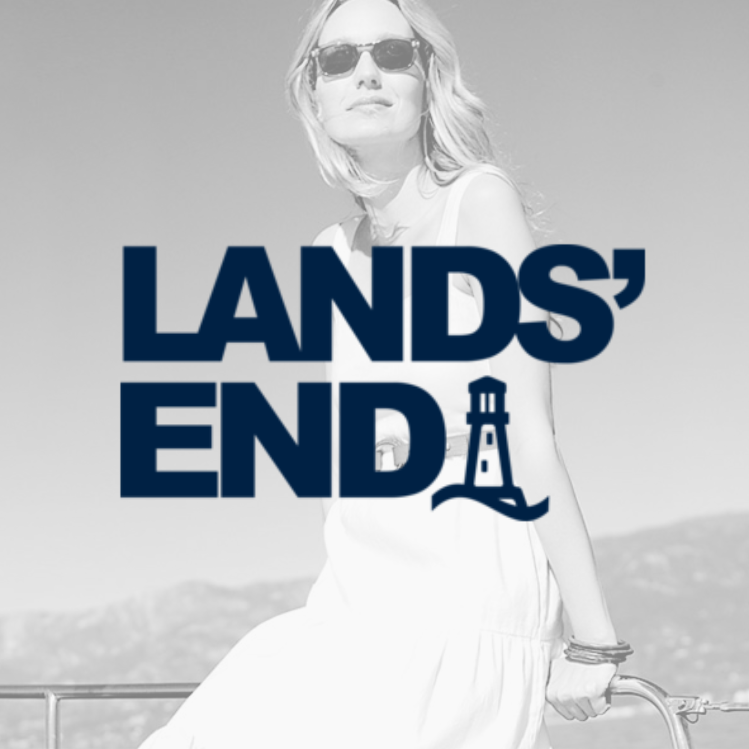 A woman wearing sunglasses and a white dress outdoors, with a logo of a lighthouse and the text "LANDS' END" overlaid.