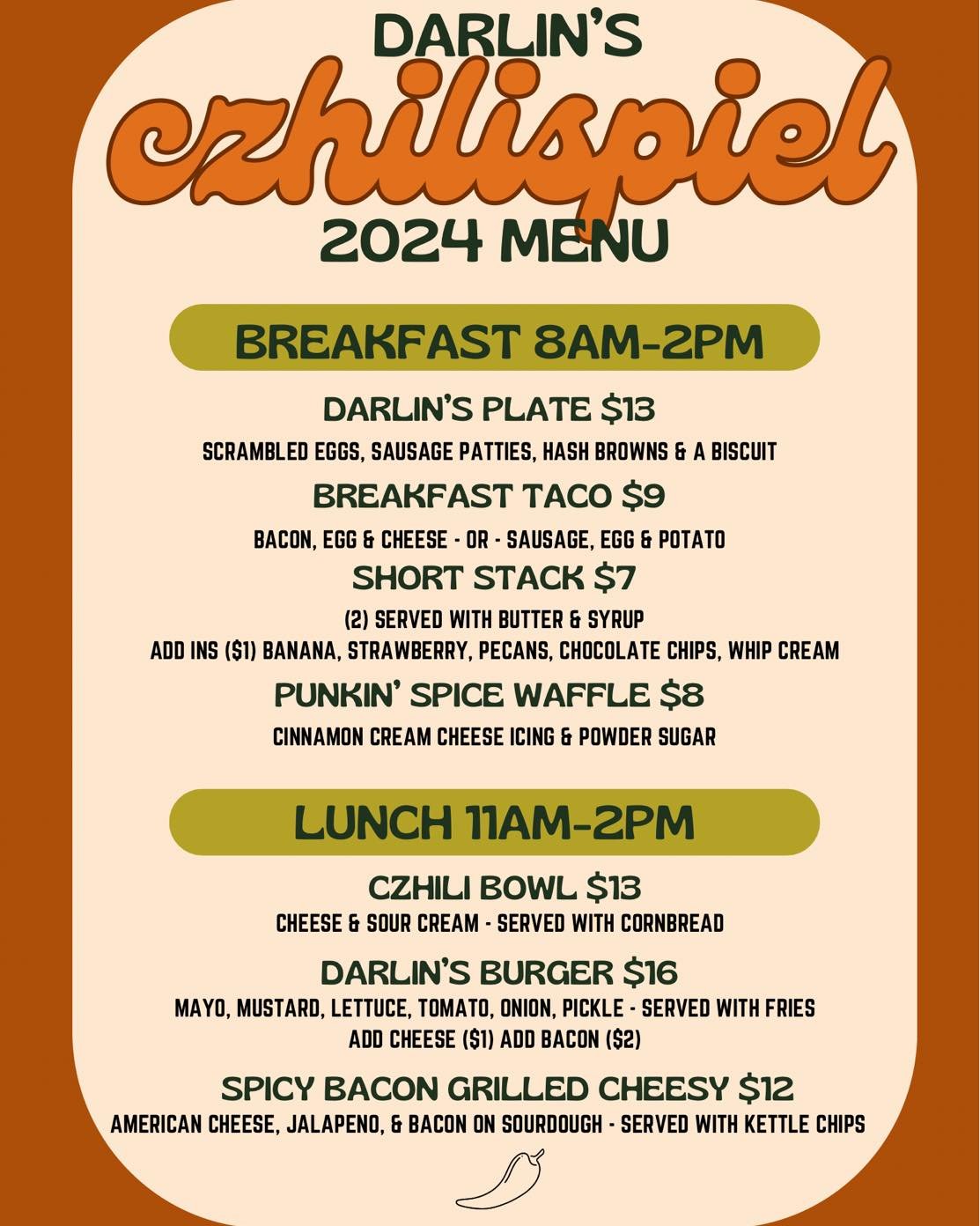 Happy Czhilispiel Week!!! 🌶️ Czheck out our shortened menu for the festive weekend! (Friday - Sunday) Can&rsquo;t wait to see y&rsquo;all there! ❤️
