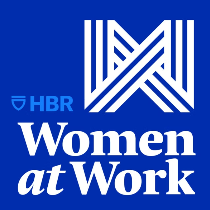 HBR Women at Work podcast logo in blue with abstract W icon.