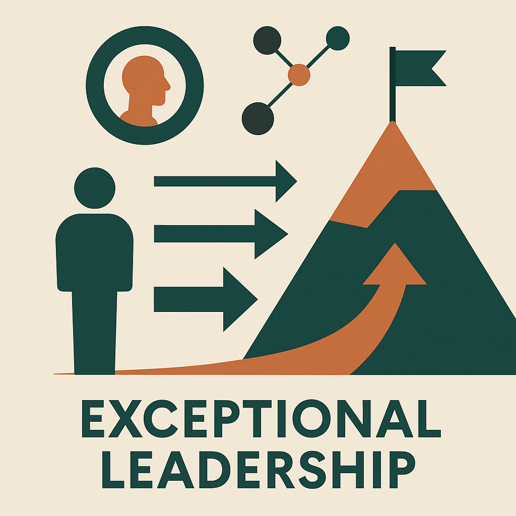 Abstract leadership illustration showing a leader figure, emotional intelligence icon, decision arrows and a goal flag symbolising clarity, direction, and high-impact leadership behaviours.