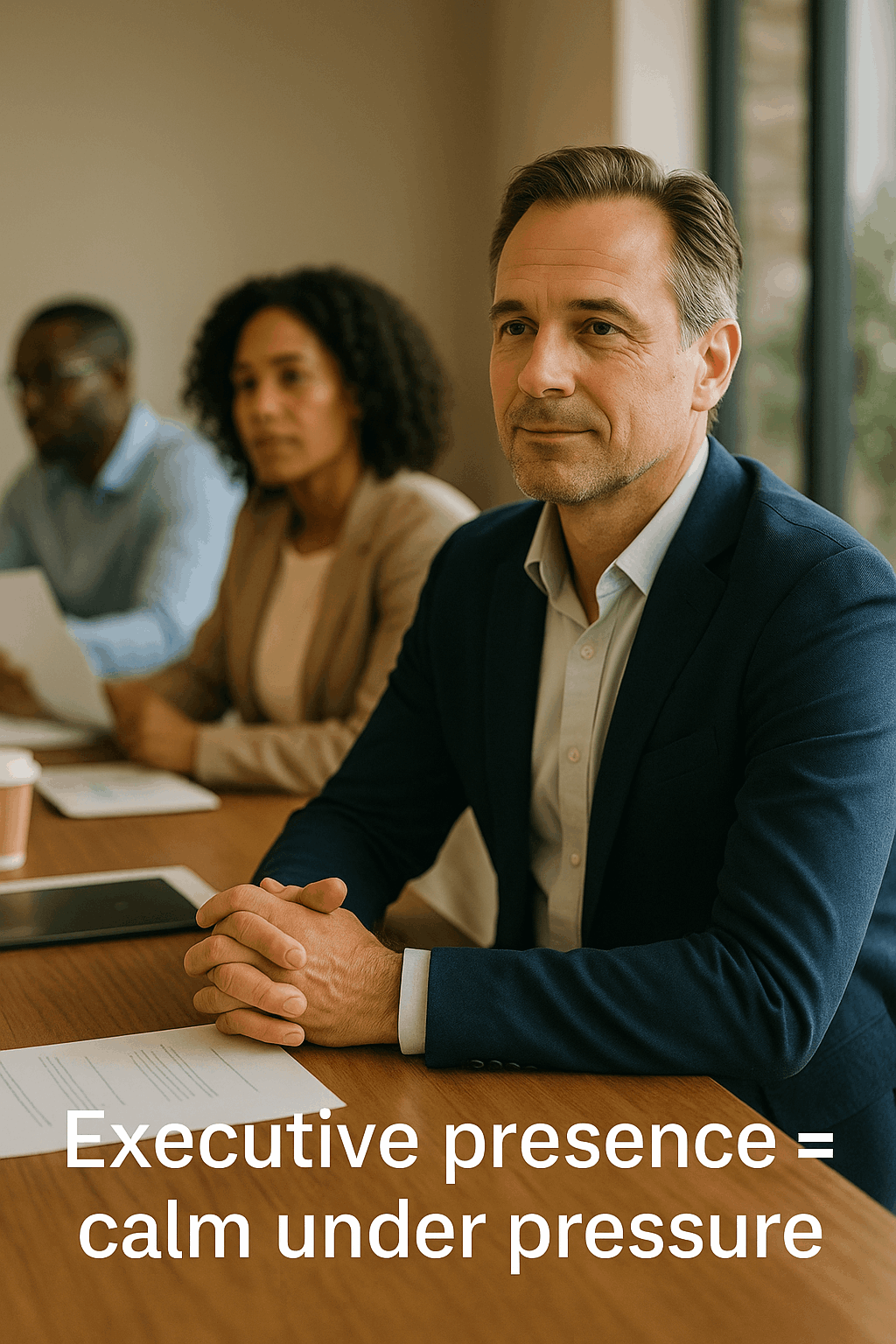 Senior leader in a meeting, hands clasped, listening calmly while colleagues sit in the background.