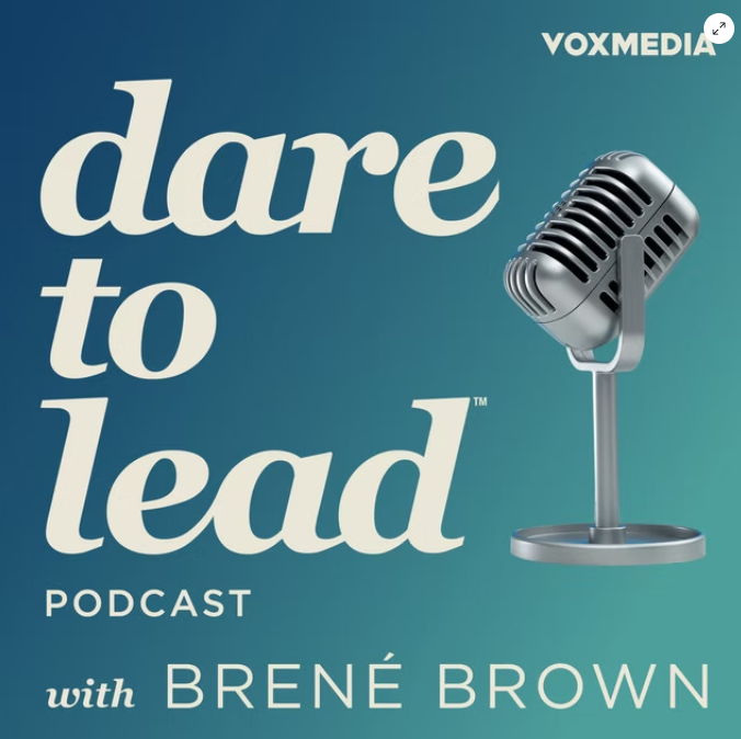 Dare to Lead podcast cover with Brené Brown title and silver microphone.