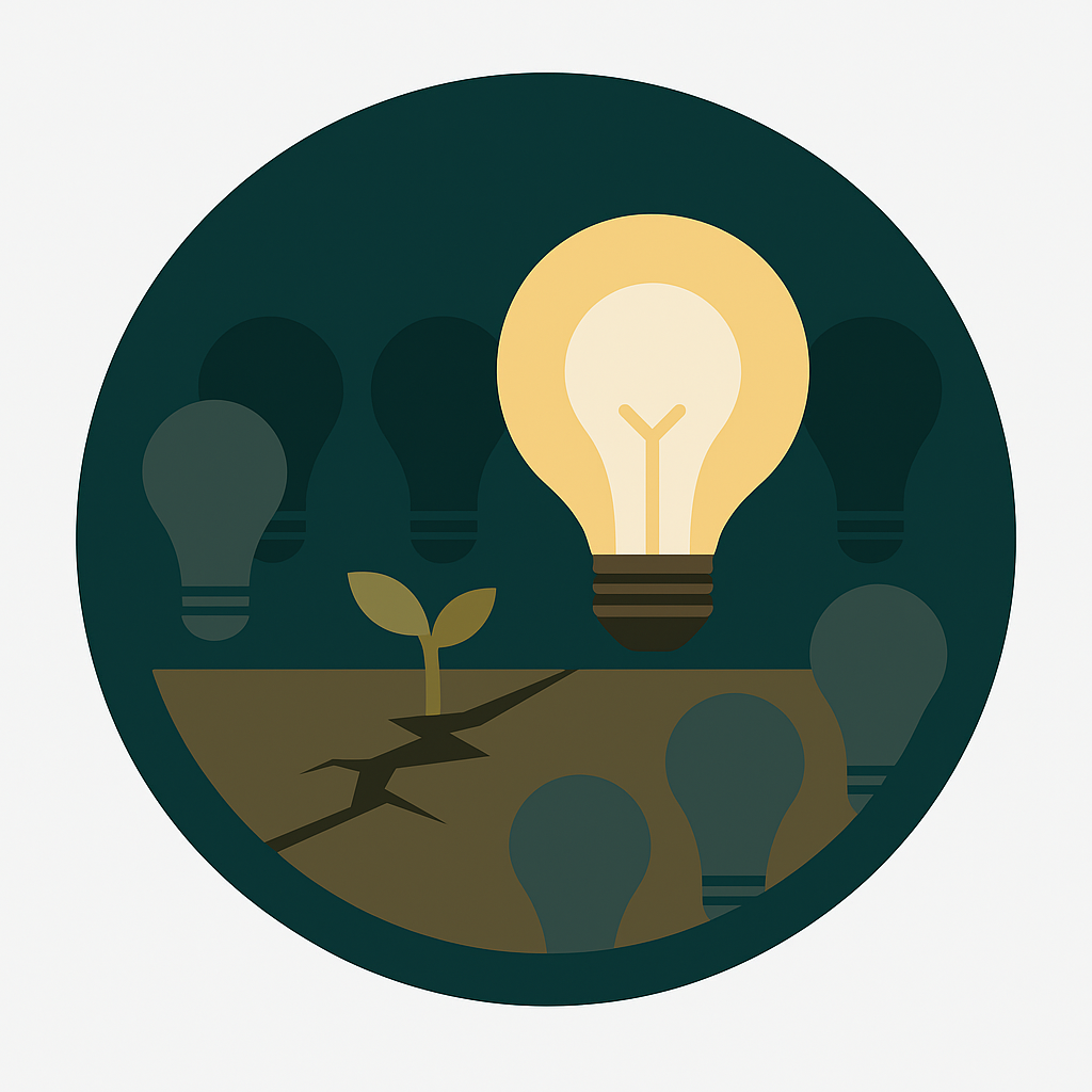 Single lit lightbulb and plant growing through cracked ground symbolising resilient leadership under pressure.