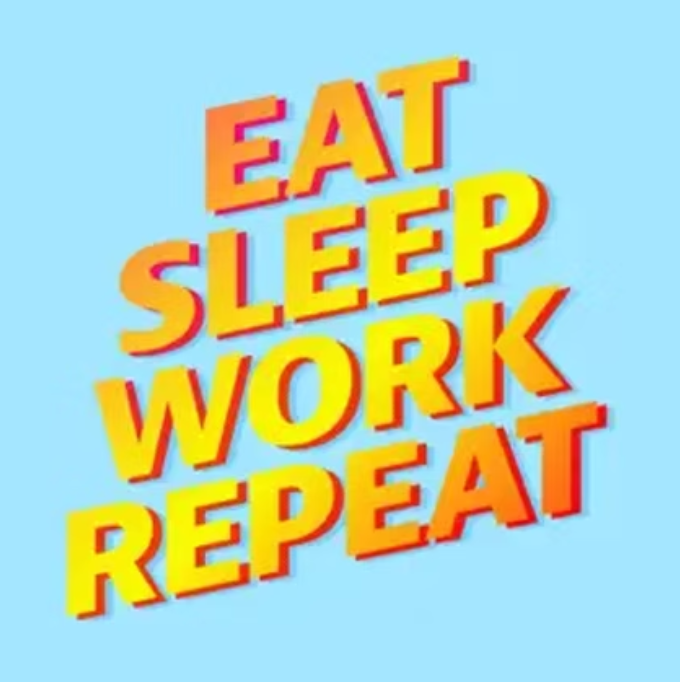 Eat Sleep Work Repeat podcast cover with bold orange text on pale blue.