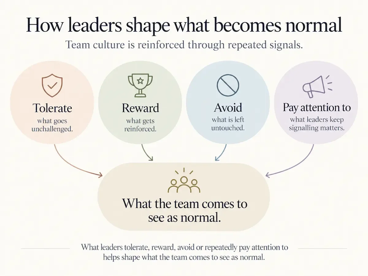 Diagram showing how what leaders tolerate, reward, avoid and pay attention to can shape what a team comes to see as normal.
