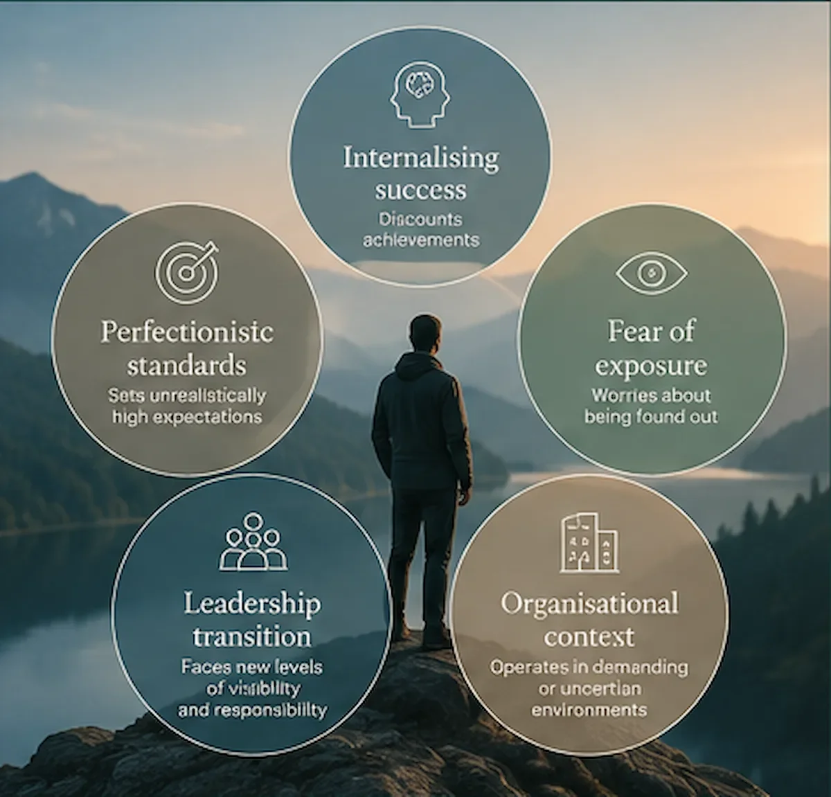 - Impostor phenomenon framework showing internalising success, fear of exposure, perfectionistic standards, leadership transition and organisational context.