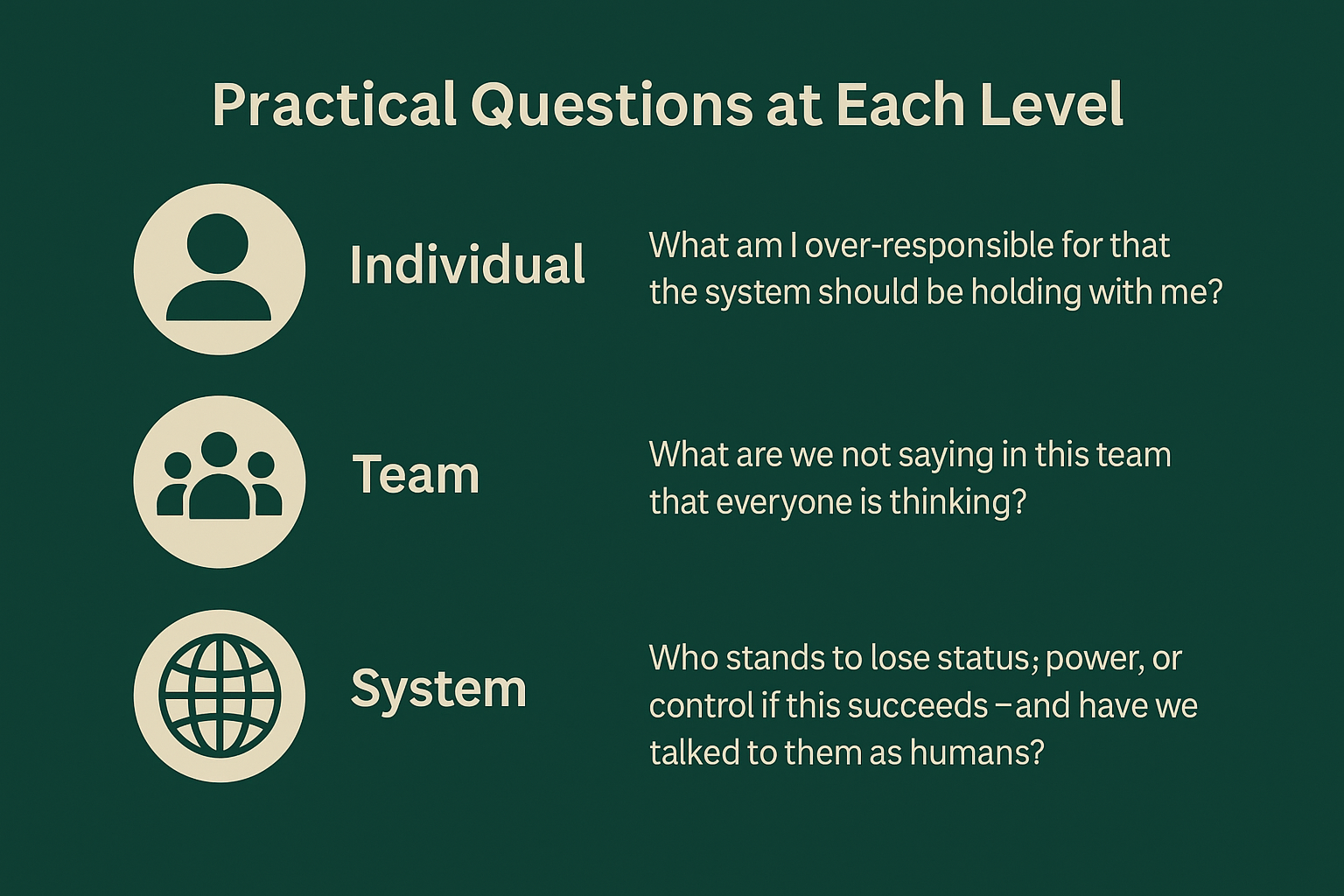 Infographic titled “Practical questions at each level” with prompts for individual, team and system levels in organisational transformation.