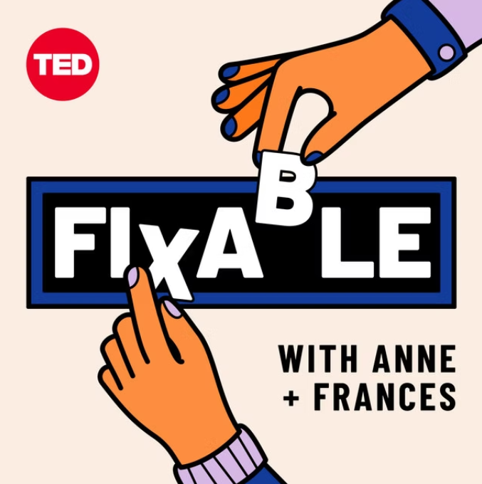 Fixable podcast cover with illustrated hands rearranging bold title letters.