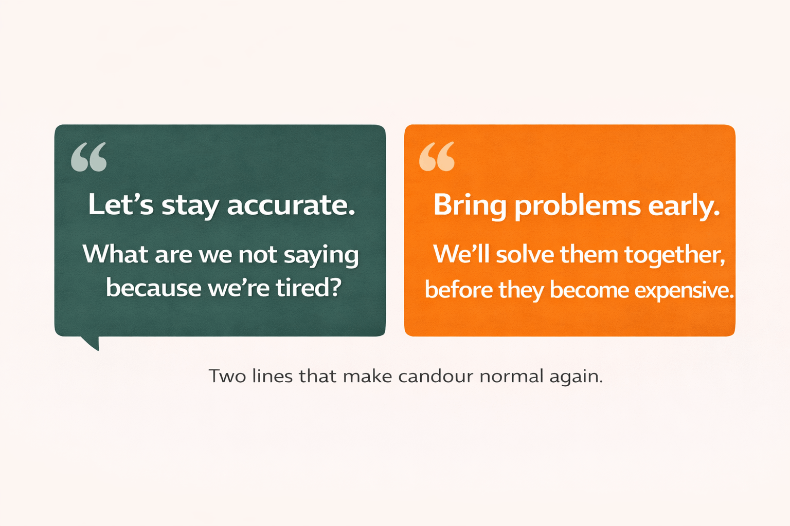 Two quote cards showing leadership scripts for change fatigue: “Let’s stay accurate. What are we not saying because we’re tired?” and “Bring problems early. We’ll solve them together, before they become expensive.
