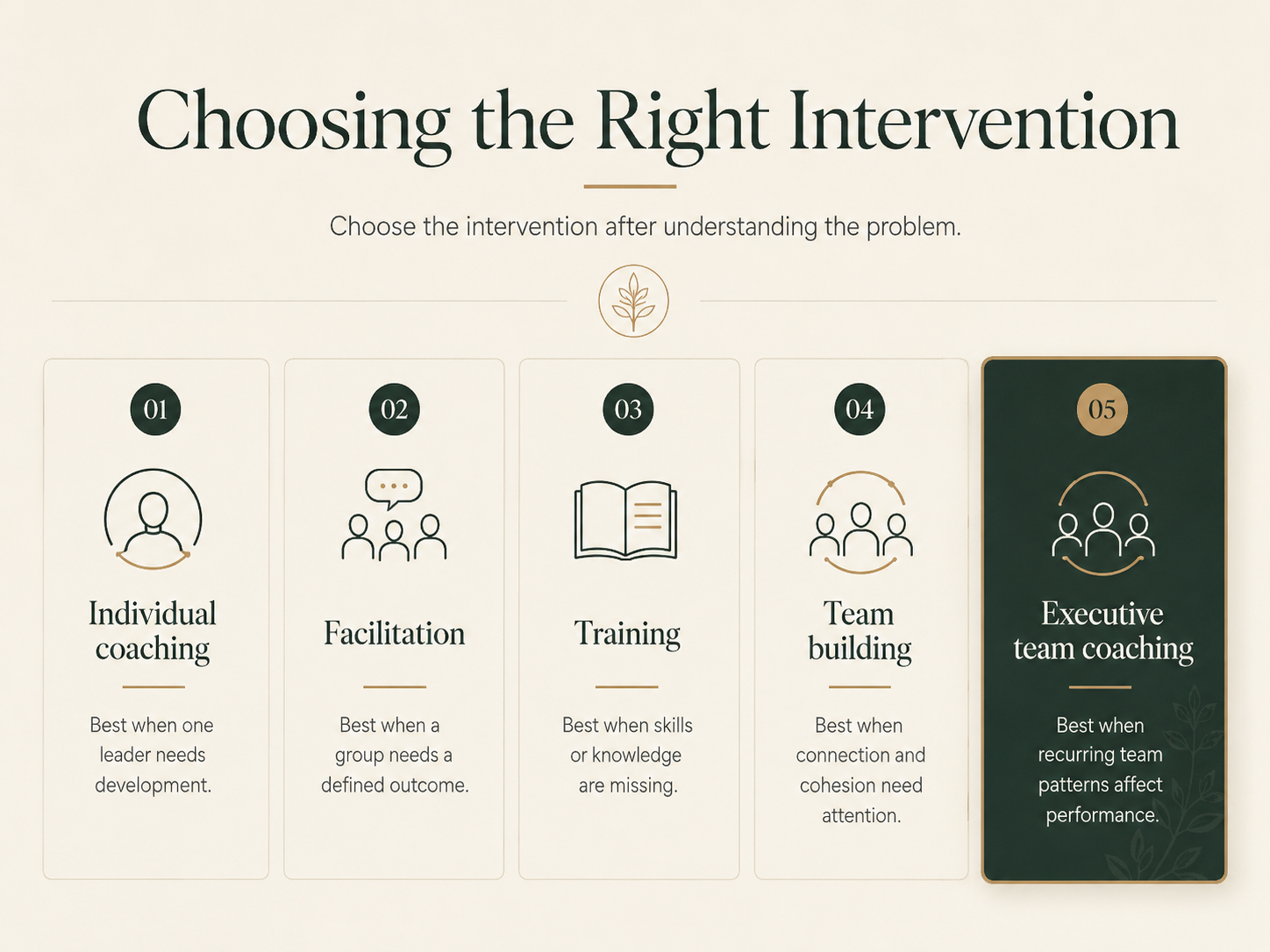 Comparison of individual coaching, facilitation, training, team building and executive team coaching