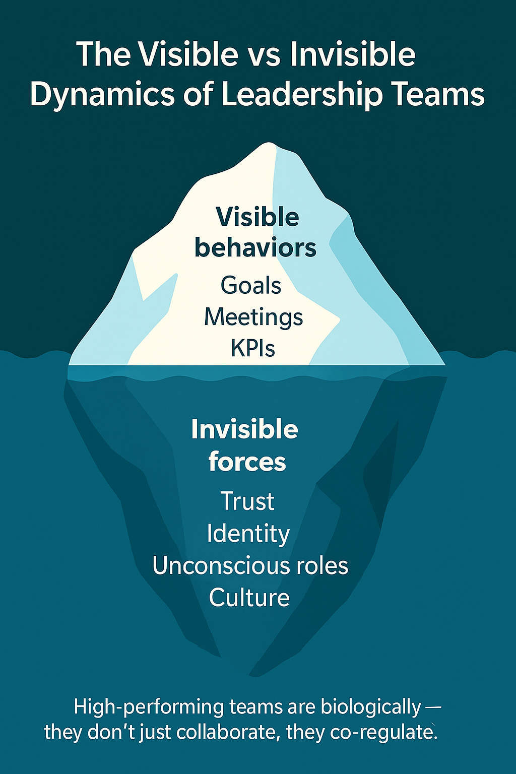 Iceberg illustration comparing visible leadership behaviours like goals, meetings, and KPIs above the surface with invisible forces like trust, identity, unconscious roles, and culture beneath.