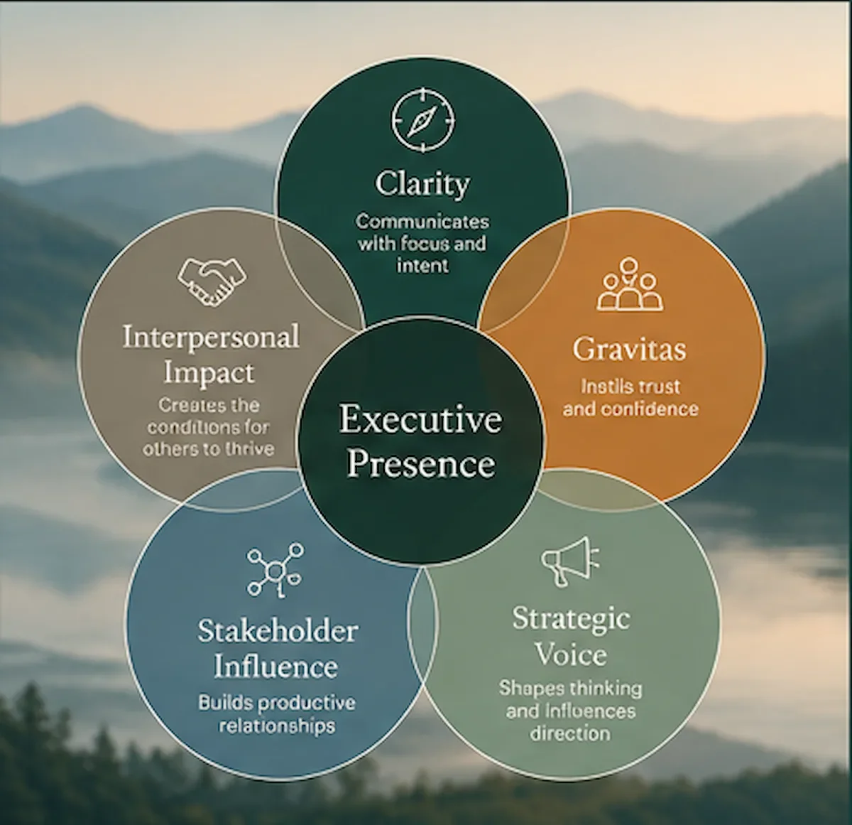 Executive presence framework showing clarity, gravitas, strategic voice, stakeholder influence and interpersonal impact.