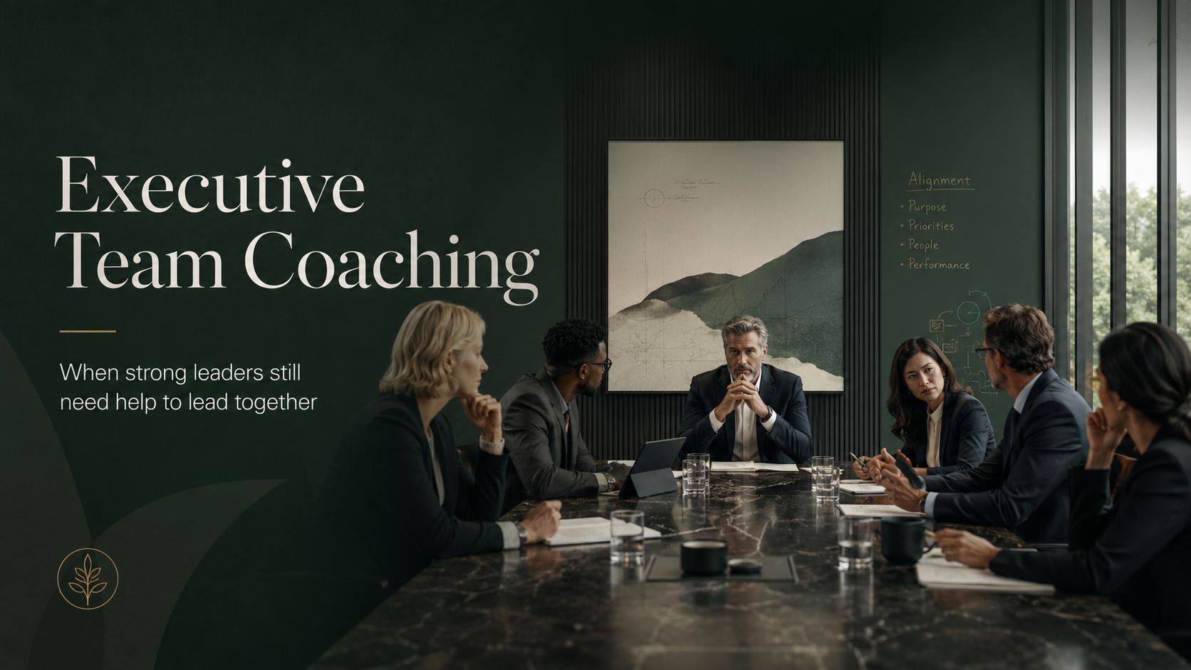 Senior leadership team in an executive team coaching discussion around a boardroom table