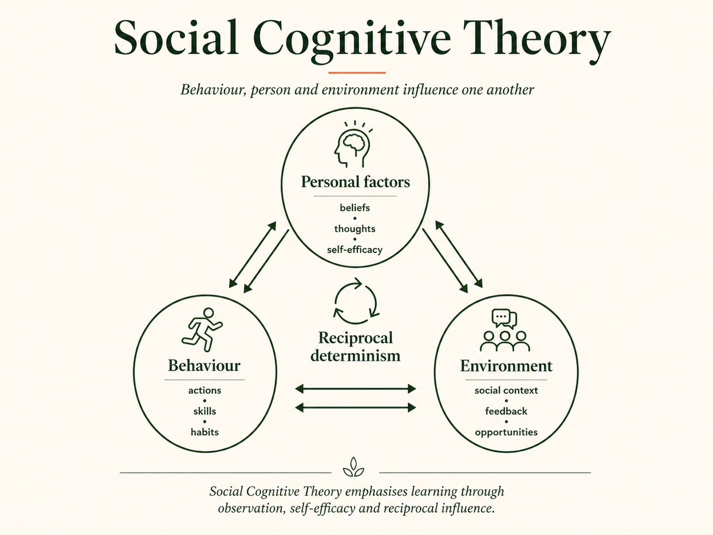 Diagram of Social Cognitive Theory showing reciprocal influence between personal factors, behaviour and environment, including beliefs, self-efficacy, actions, skills, social context and feedback.