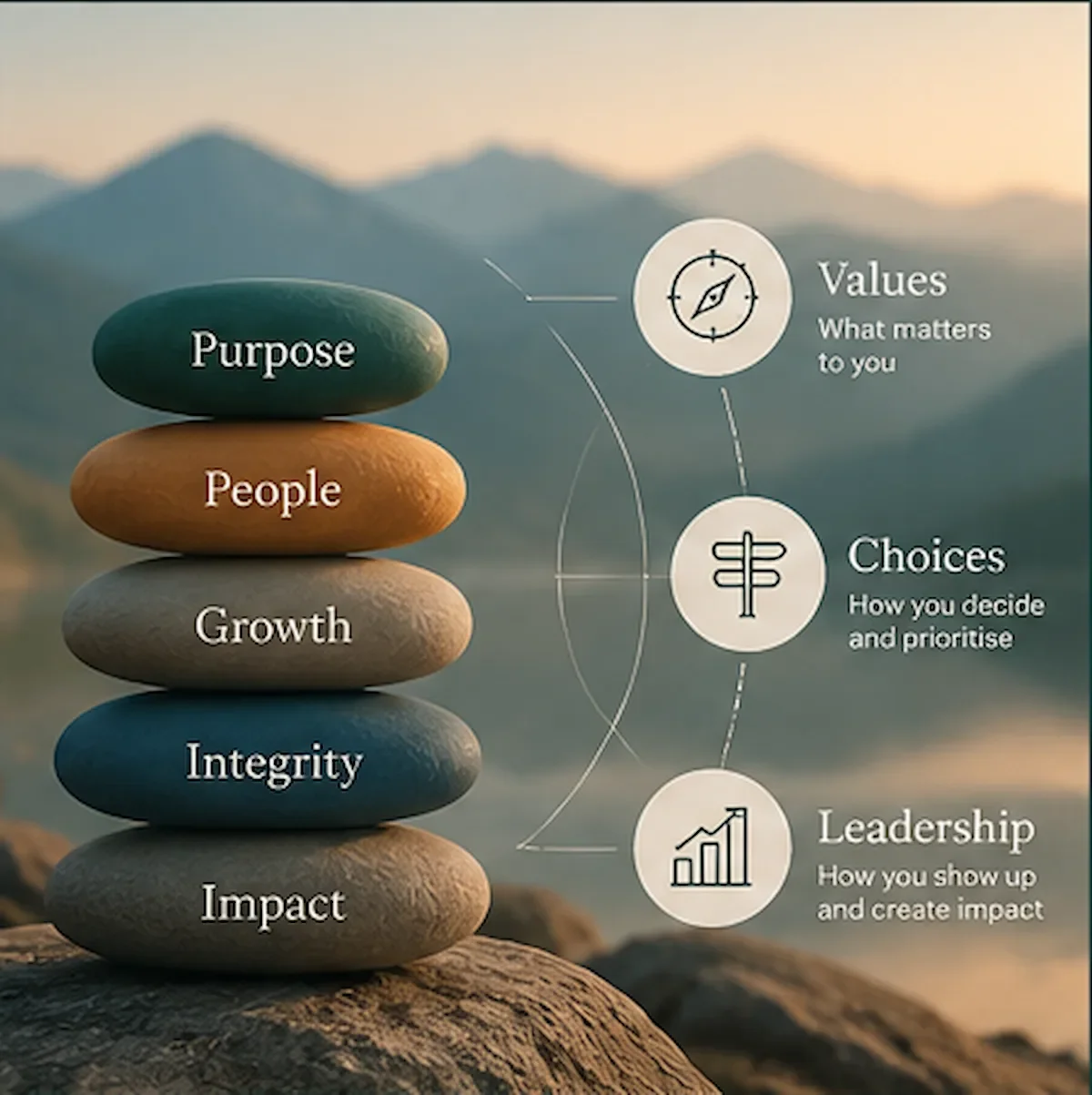 Leadership values exercise showing purpose, people, growth, integrity and impact linked to values, choices and leadership.