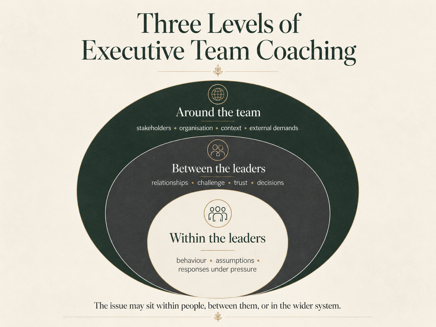 Three levels of systemic executive team coaching: within the leaders, between the leaders and around the team