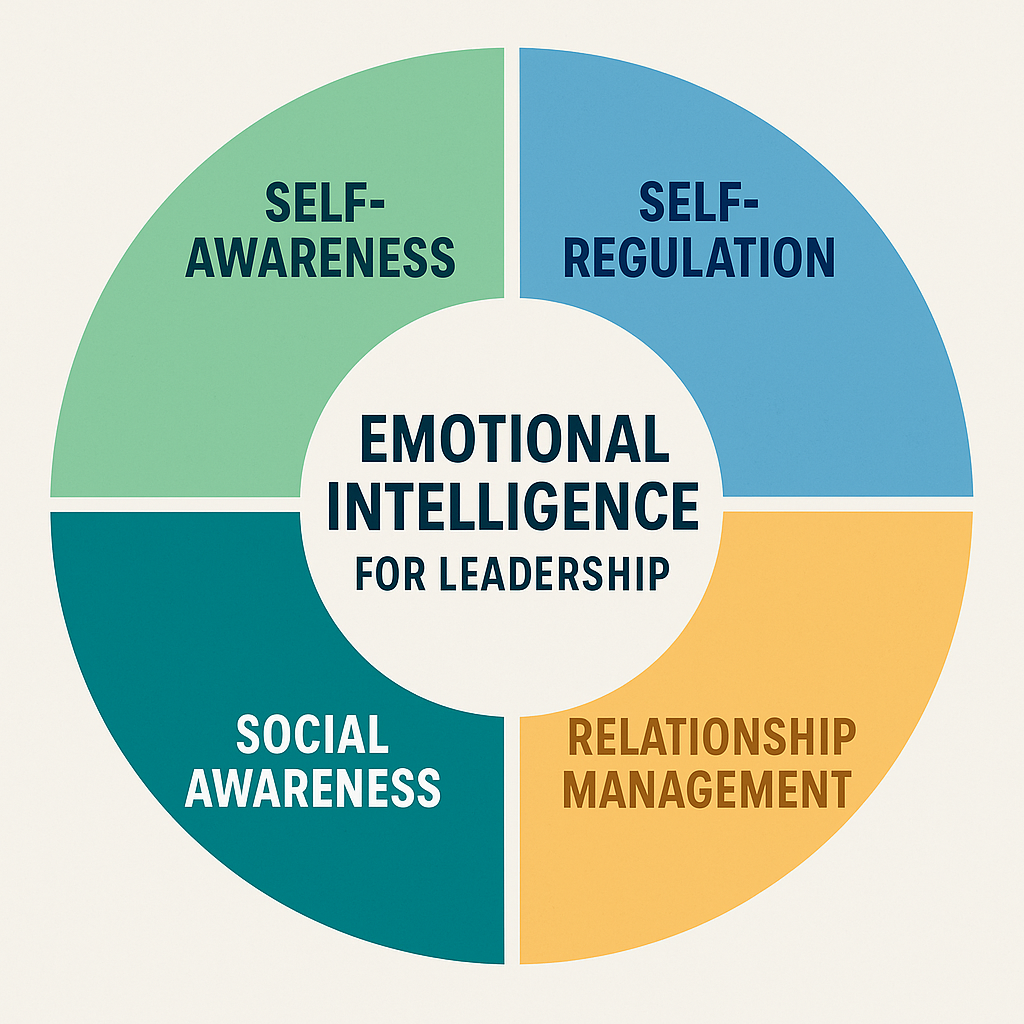 Behavioural science emotional intelligence model for leadership showing the four EI domains—self-awareness, self-regulation, social awareness and relationship management—and how they drive effective leadership.