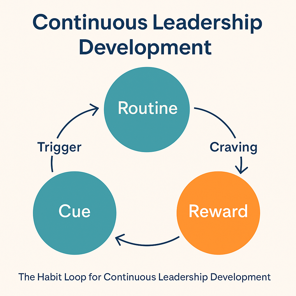 Habit loop diagram for continuous leadership development showing the cycle of cue, routine and reward, used to build lasting leadership behaviours.