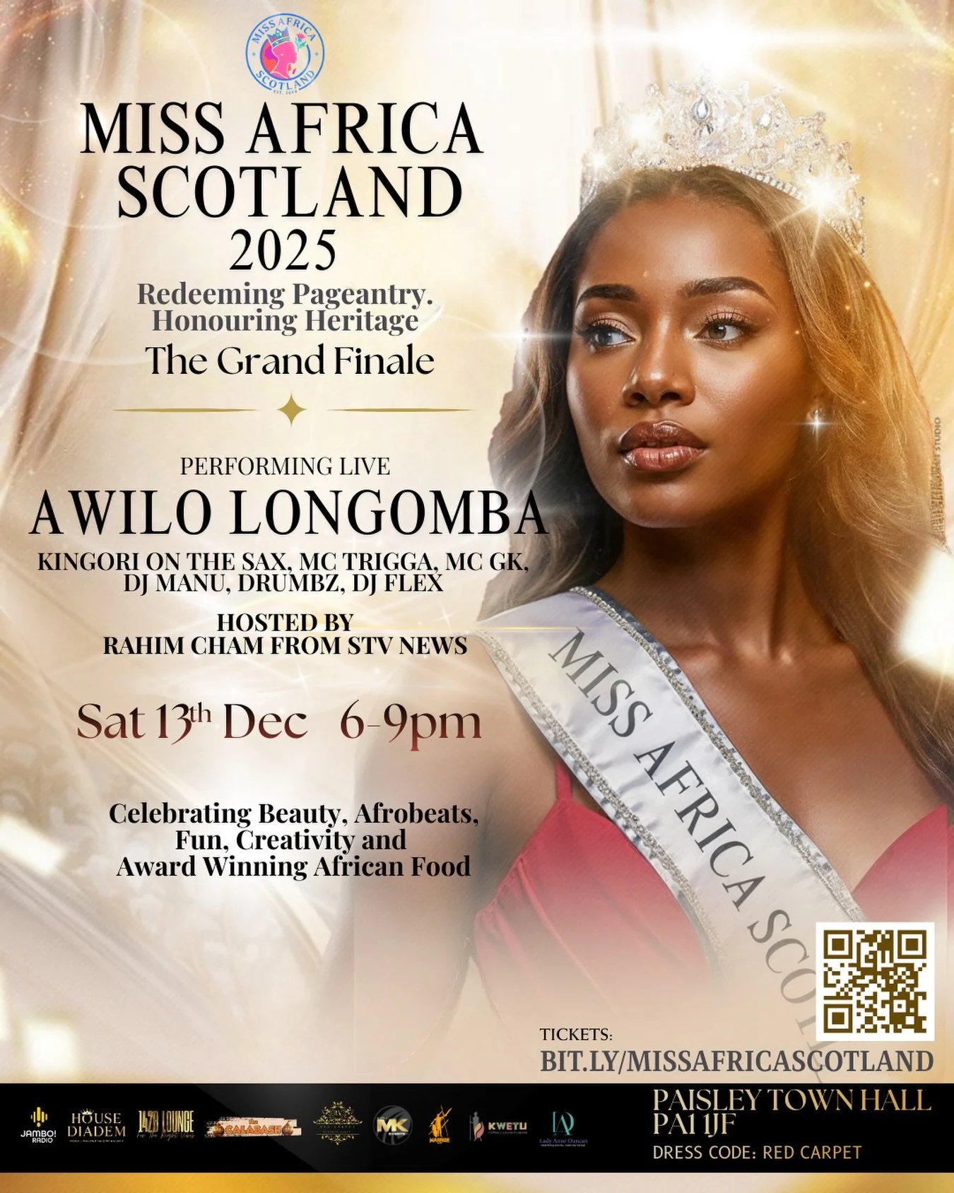 MISS AFRICA SCOTLAND 2025 👑✨
Where beauty meets heritage and culture takes the crown! 💃🏾
Join us for The Grand Finale &ndash; a night celebrating African elegance, creativity, Afrobeats, and award-winning food 🍴🎶
🎤 Performing Live: AWILO LONGOM