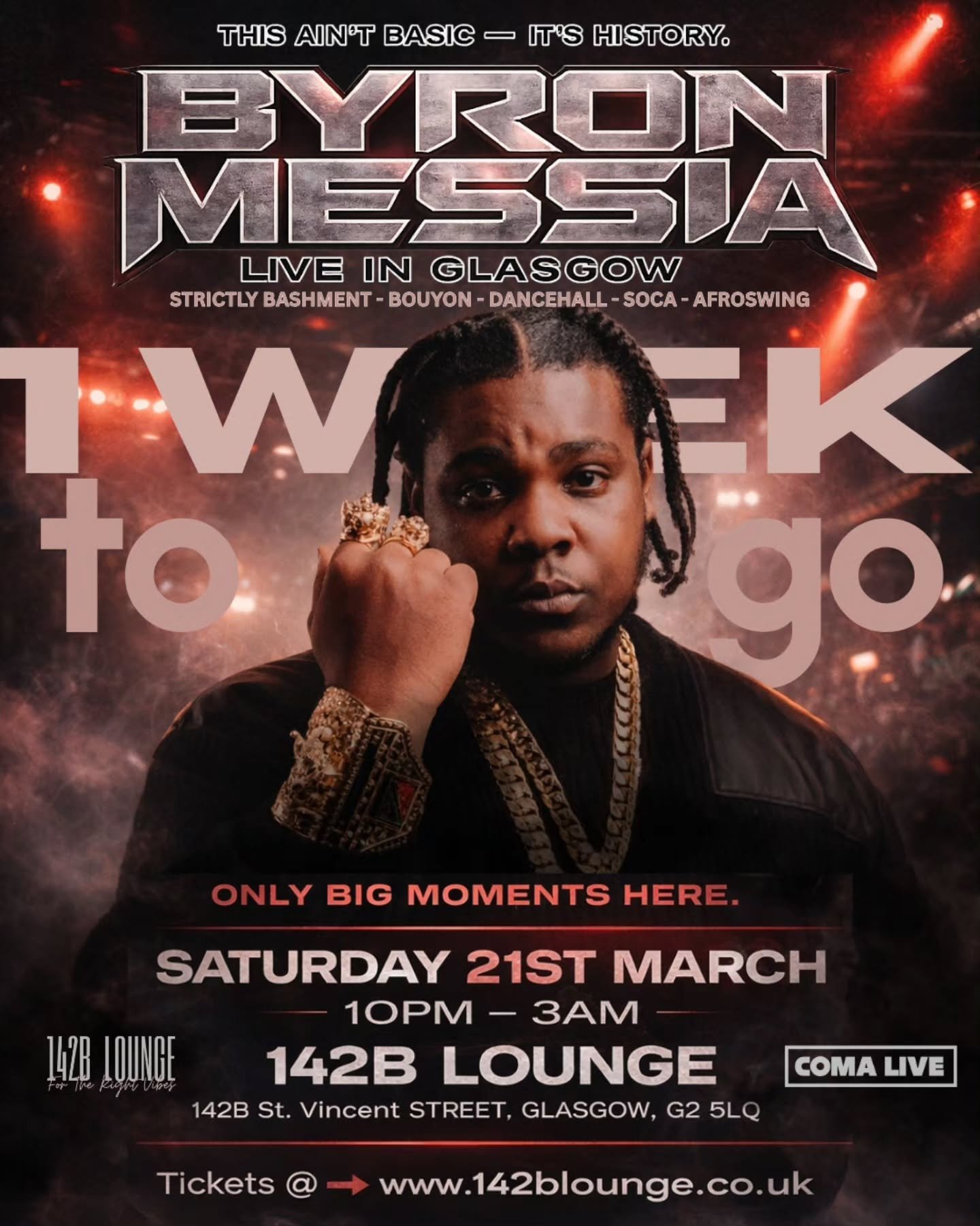 7 DAYS.
And it&rsquo;s getting sticky already 😭🔥
Byron Messia loading&hellip;
Tickets flying.
Giveaways live, just tag us 🎟💨
Are you inside or watching stories?

🔗 link in bio 
#ByronMessiaLive #LiveInGlasgow #142BLounge