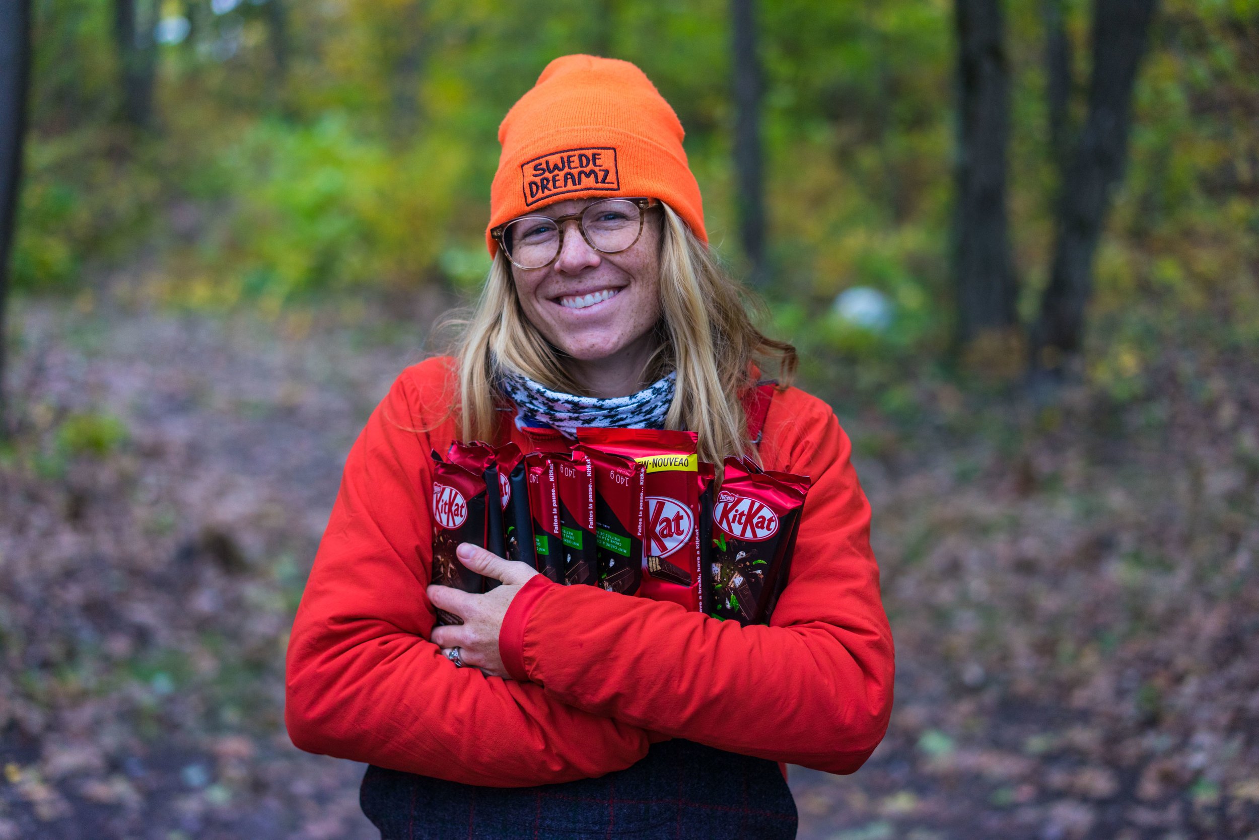  MAK with her collection of Canadian KitKat bars 