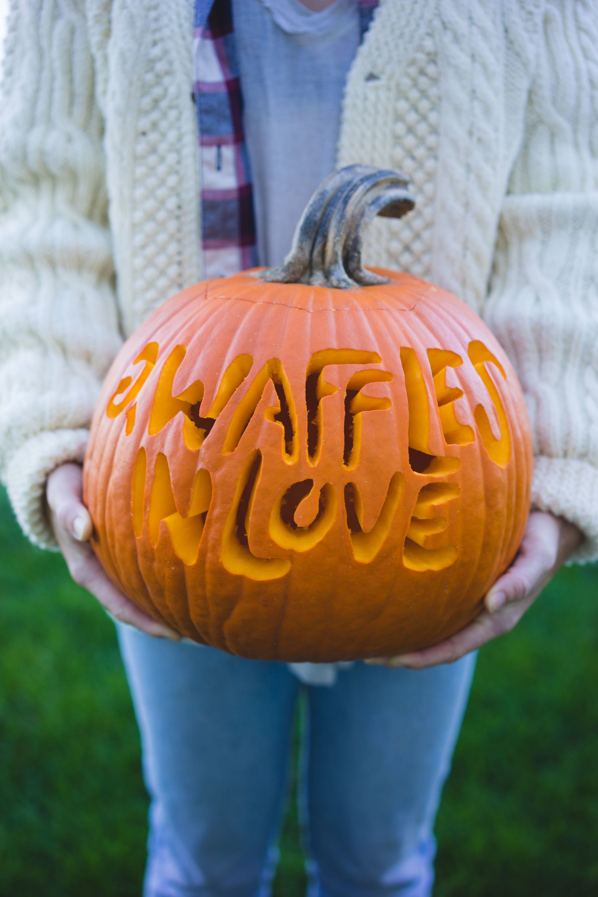  MAK carved a pumpkin for the wedding that says #2wafflesinlove 