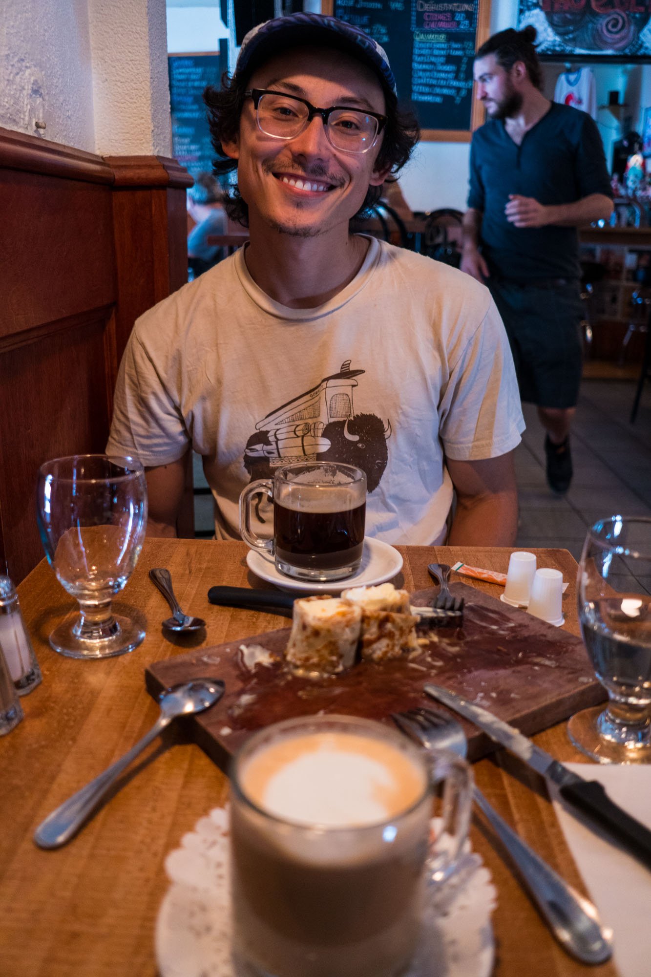  Owen enjoying our first Crepe and Latte in Quebec City 