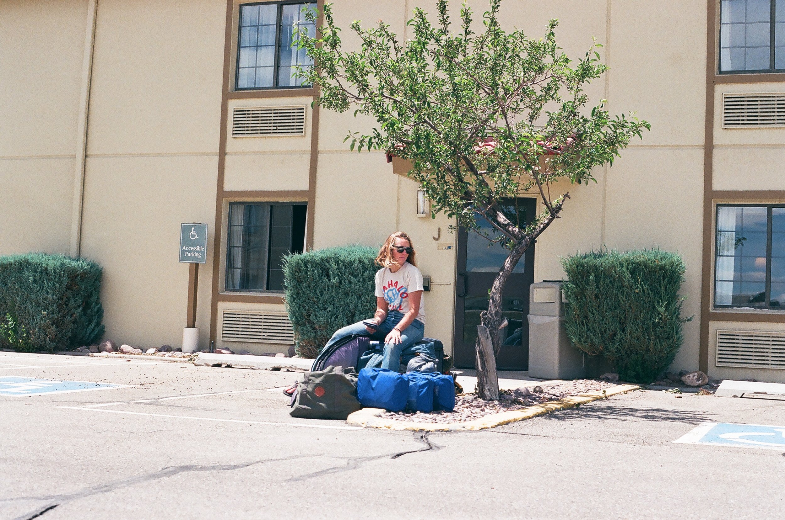  MAK hanging out with all of our belongings outside of our hotel room, 35mm 