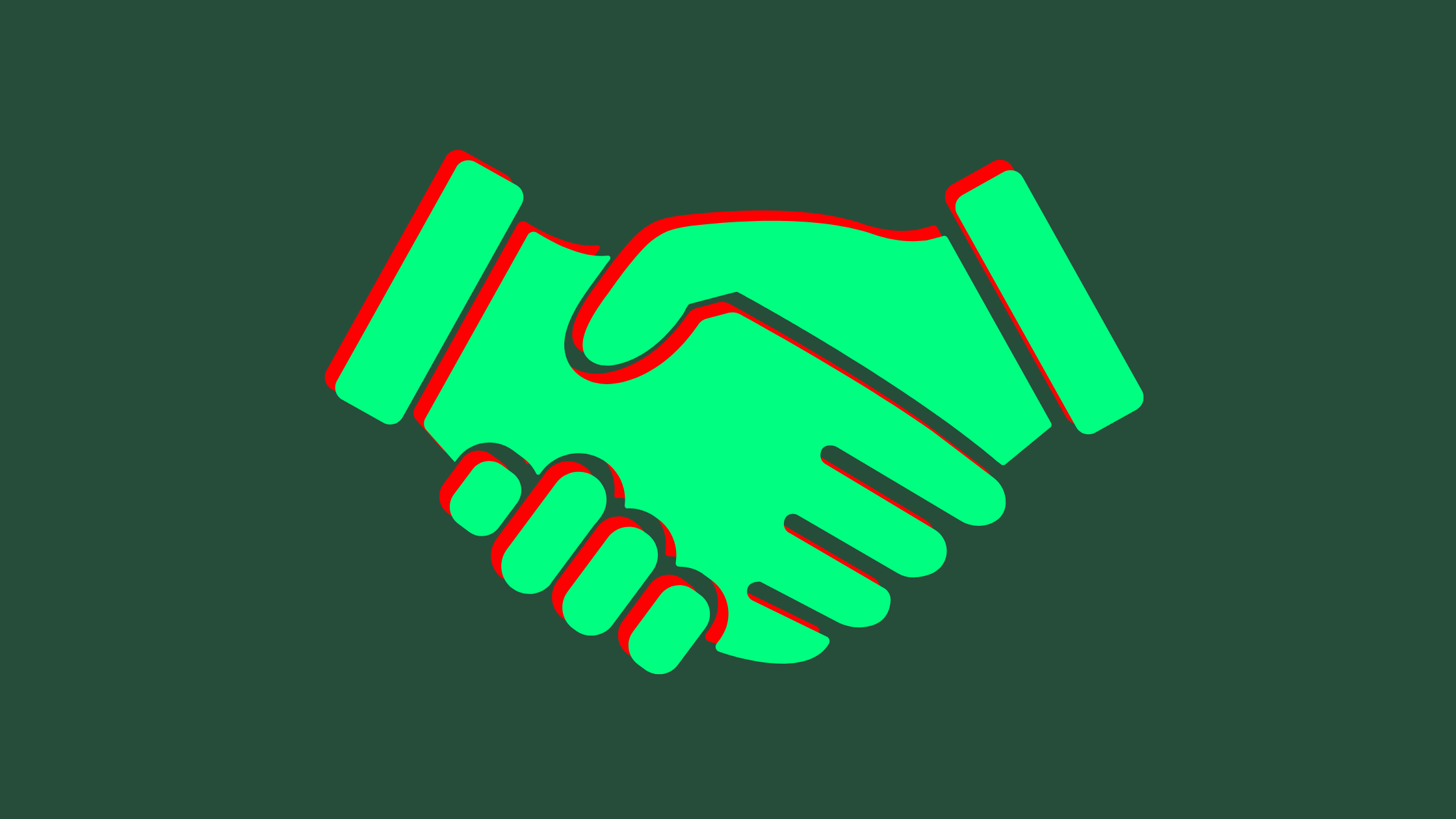 A simple icon-style illustration of two hands shaking on a dark green background. The handshake is bright green with a red shadow/offset effect, giving it a slightly retro or glitch-style appearance.