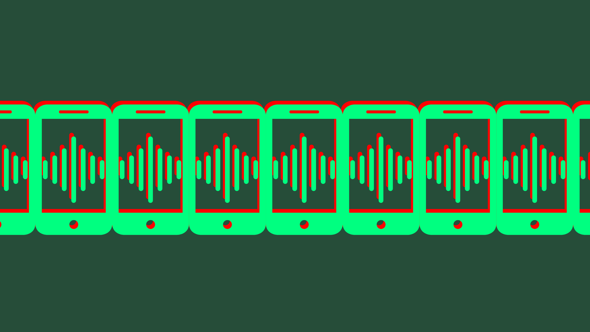 A row of stylised smartphones in green and red, each showing an audio waveform on its screen, repeating across a dark green background.