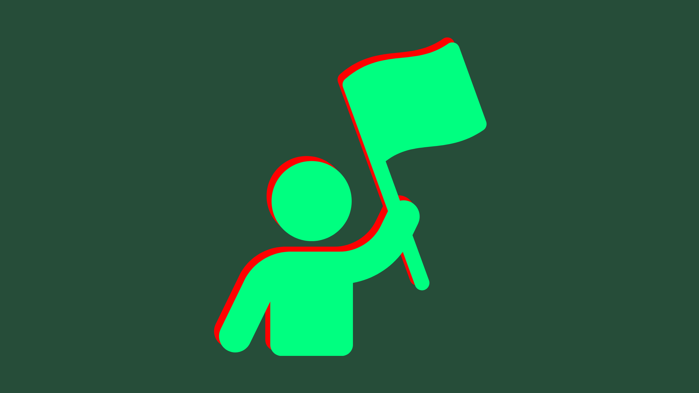 Simple illustration of a person holding up a large green flag, with a red offset shadow, on a dark green background.